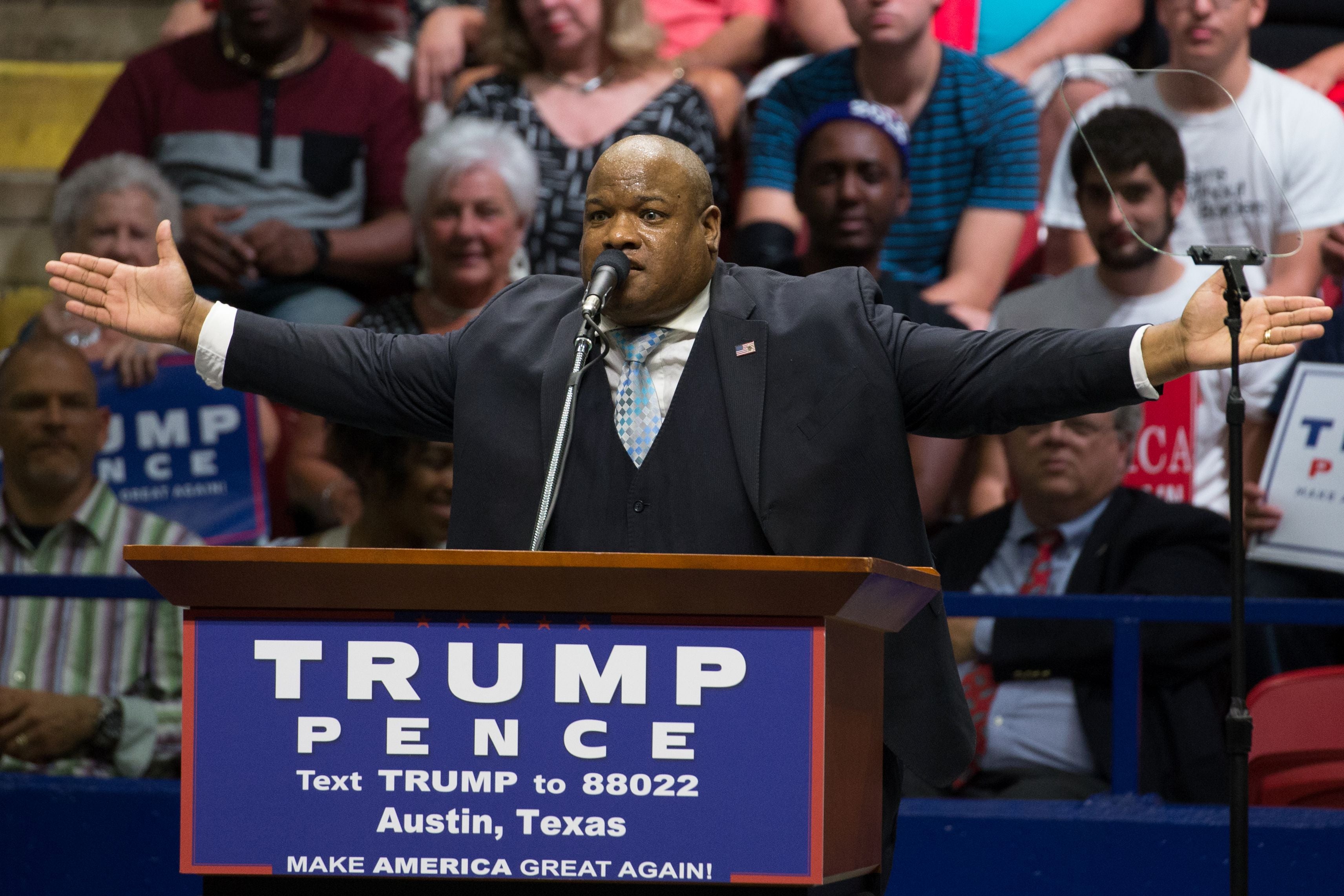 Pastor Mark Burns has been a longtime supporter of the president and served as his informal spiritual adviser. Here, he is pictured speaking at a Trump rally in 2016