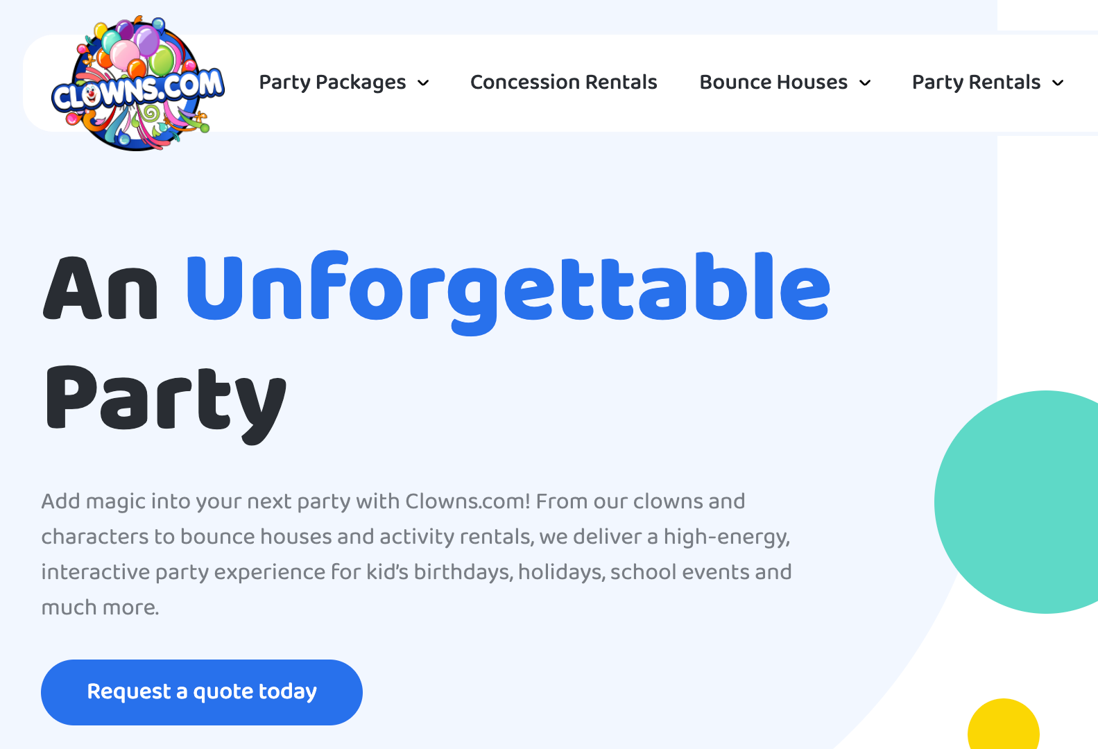 Clowns.com rents out bounce houses, character appearances and a range of other party staples