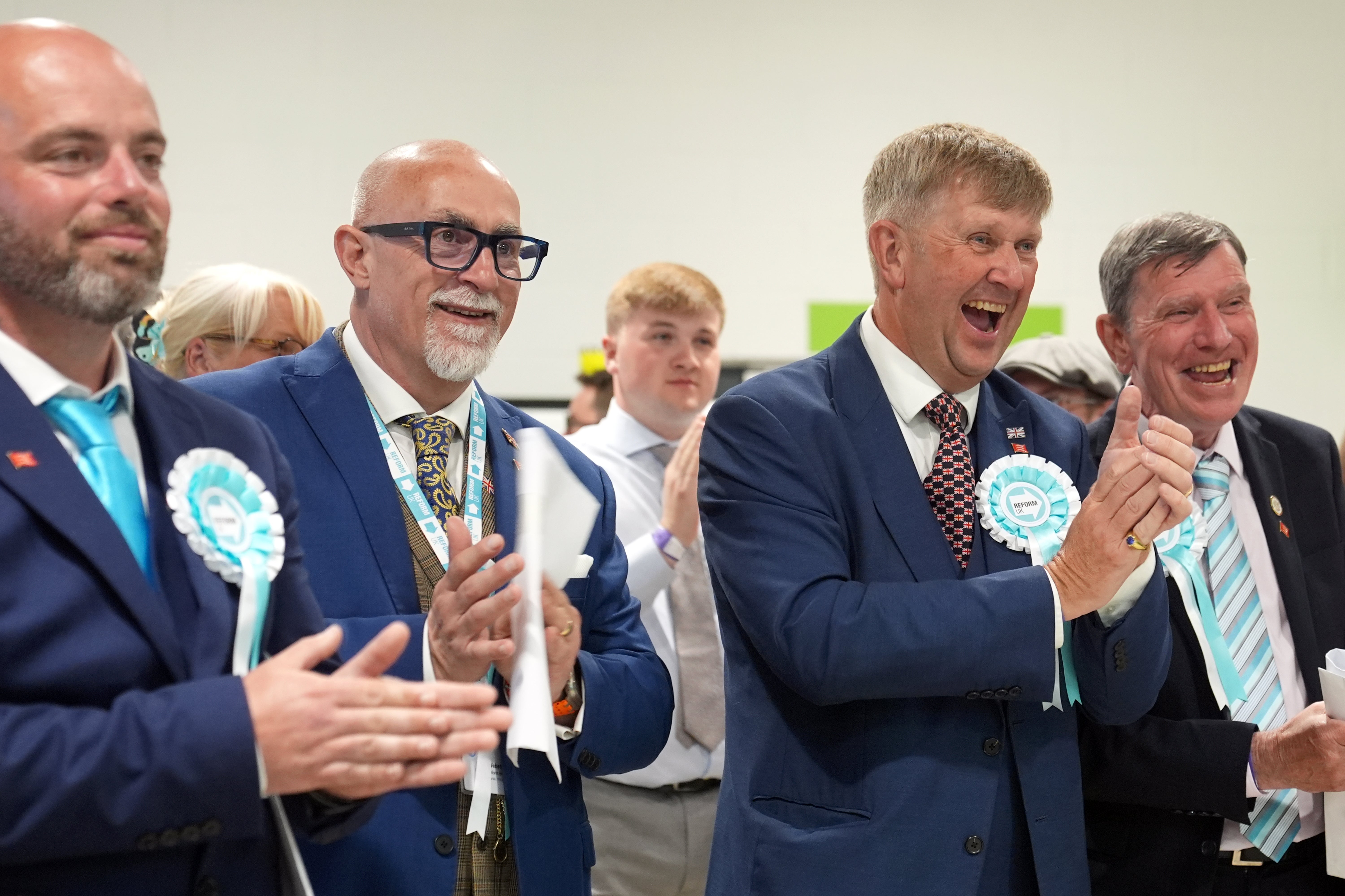 Newly elected Reform councilors celebrate the 2026 Essex County Council elections at Clacton Leisure Center