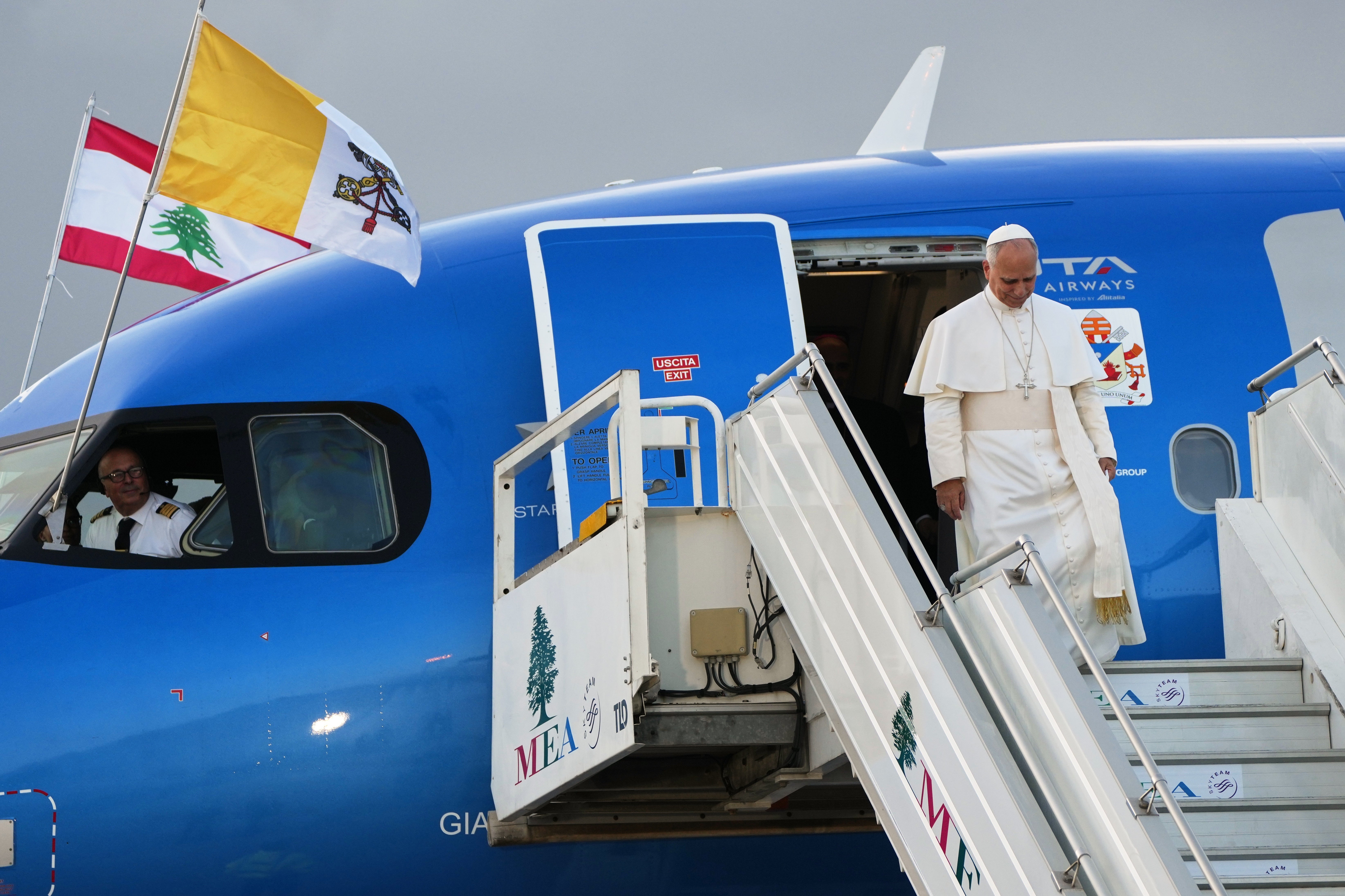 Pope Leo XIV arrives at Beirut's international airport, Lebanon, Sunday, Nov. 30, 2025. (AP Photo/Domenico Stinellis, File)