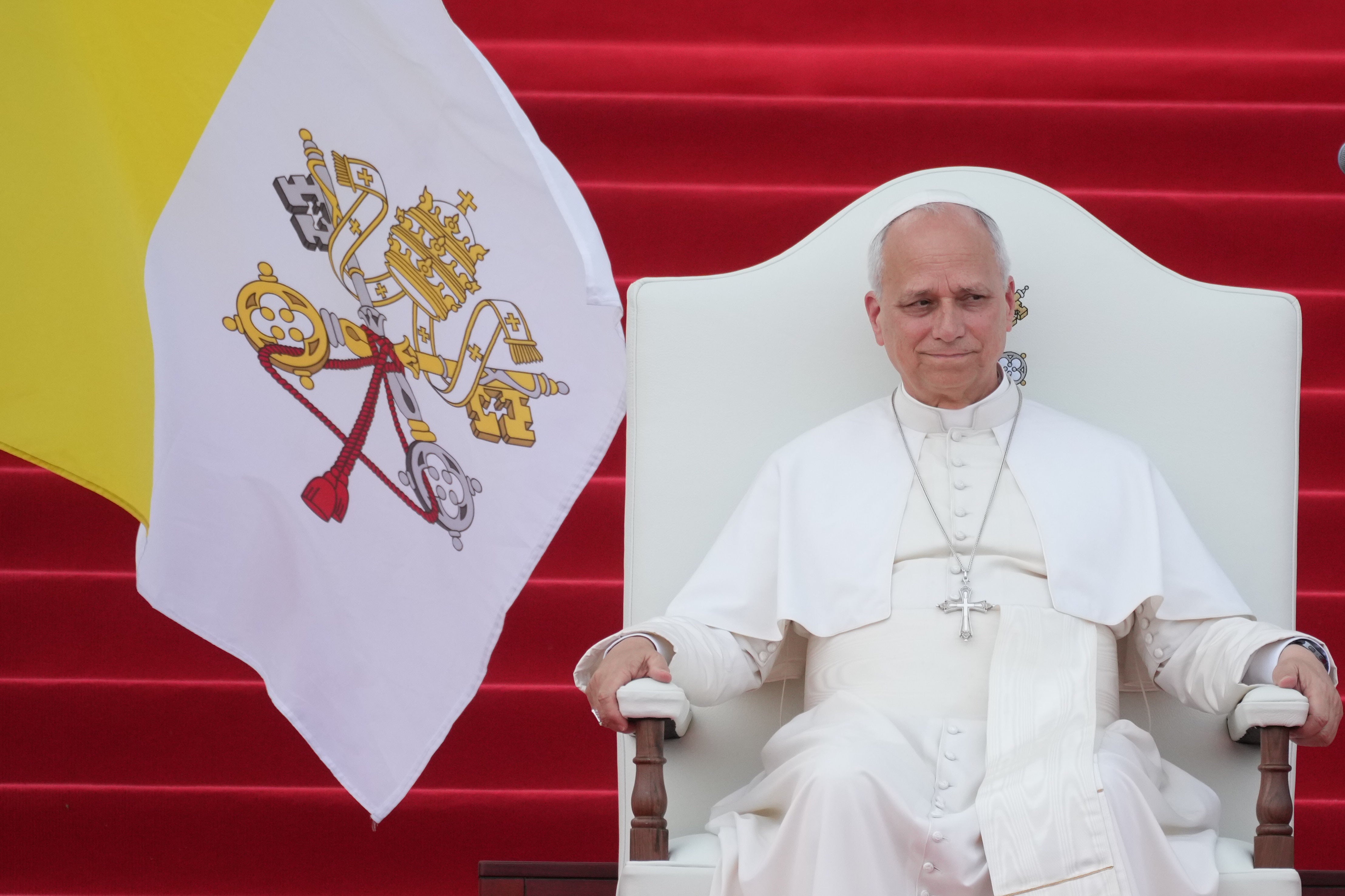 Pope Leo XIV meets with representatives of the world of culture at the Leon XIV Campus of the National University in Malabo, Equatorial Guinea, Tuesday, April 21, 2026, on the ninth day of his 11-day pastoral visit to Africa. (AP Photo/Andrew Medichini, File)