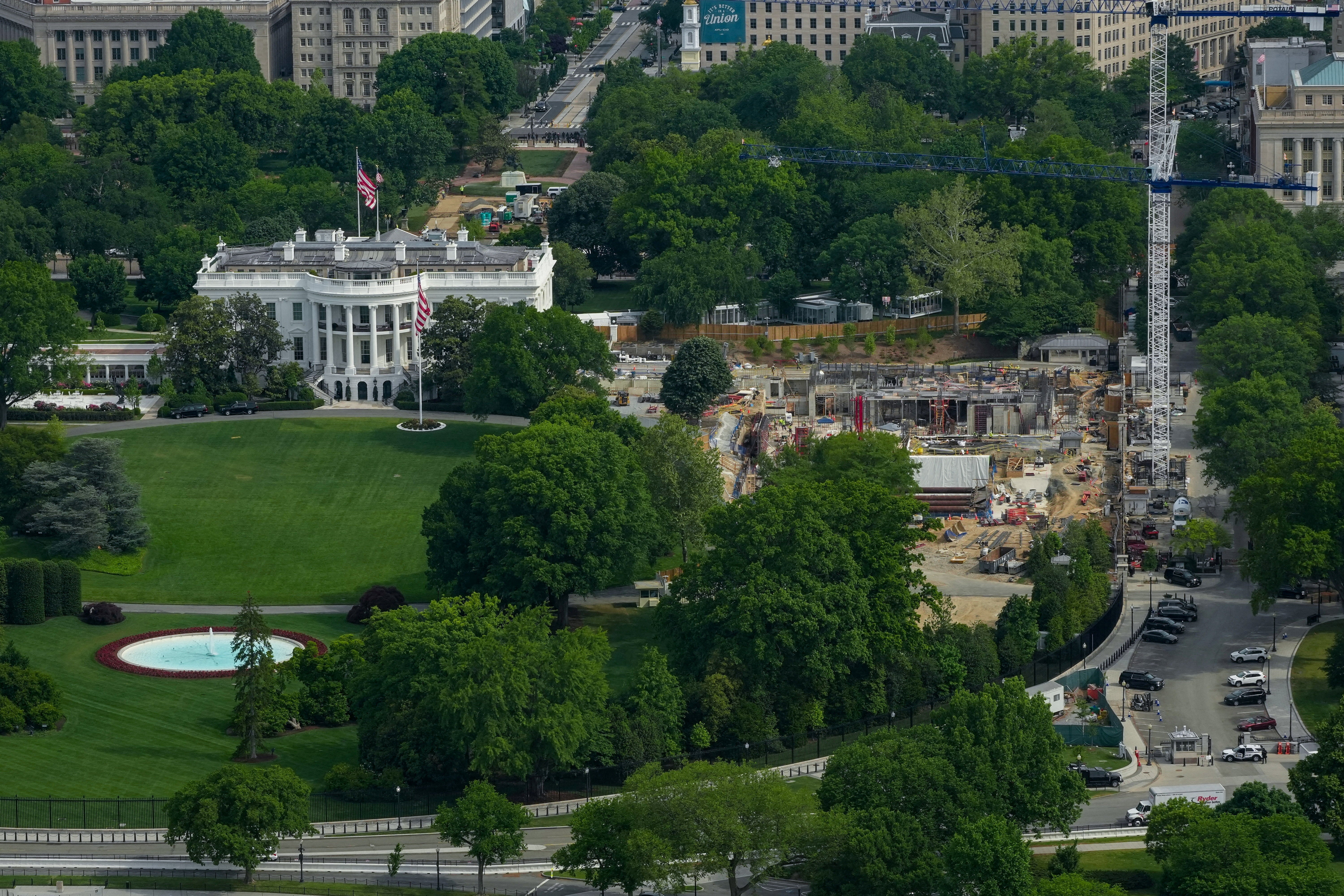 Construction crews continue site preparation for the planned White House ballroom where the East Wing once stood