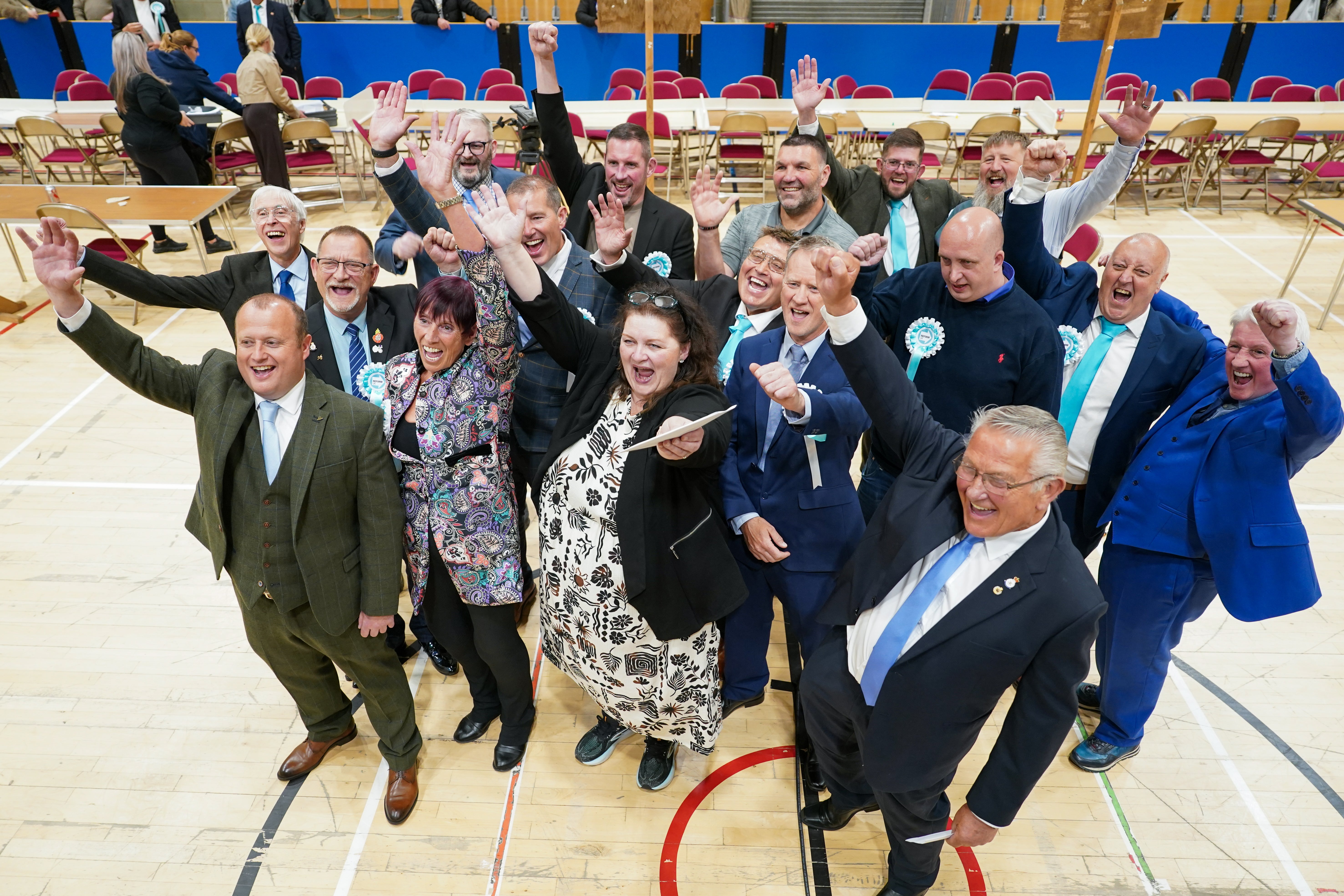 Reform UK councillors react after winning seats in all of the 12 contested wards in the Hartlepool local election