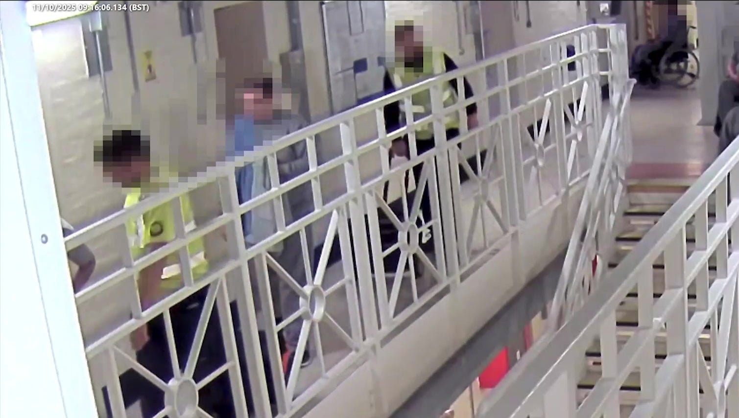 Screenshot taken from CCTV dated 11/10/2025 released by West Yorkshire Police showing medical assistance arriving at Ian Watkins' cell after he was attacked at HMP Wakefield.