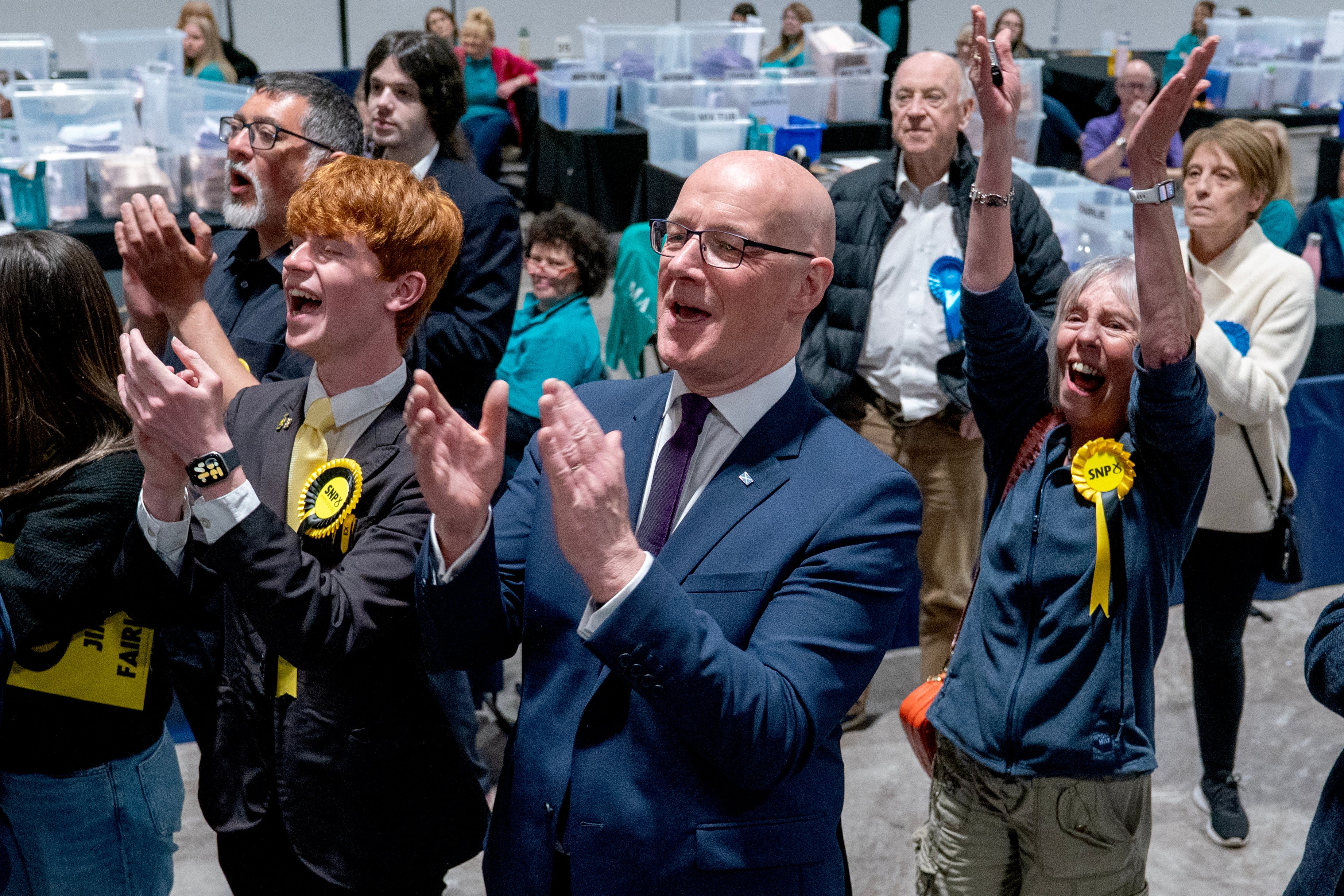 First Minister and SNP leader John Swinney with party supporters, at the election count for the 2026 Holyrood elections