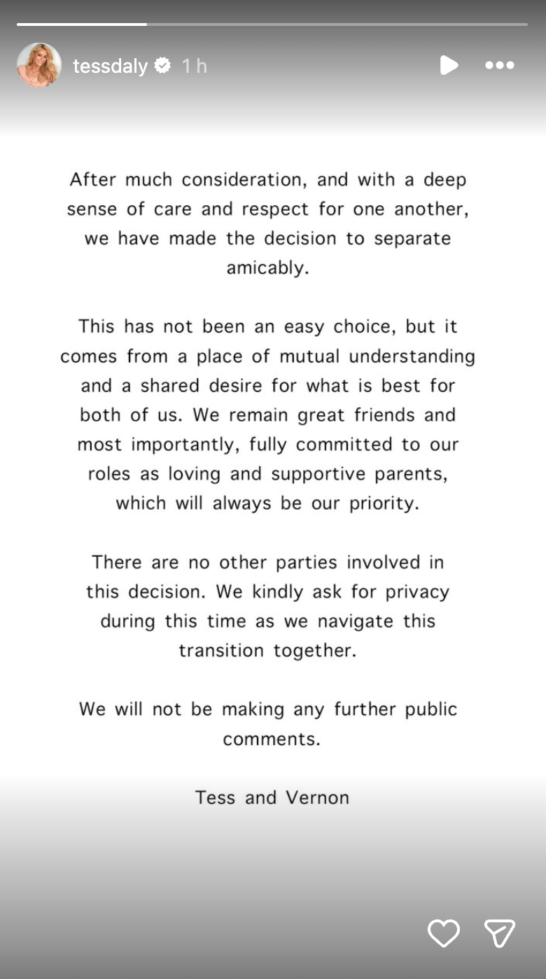 Tess Daly shared the former couple's joint statement on Instagram