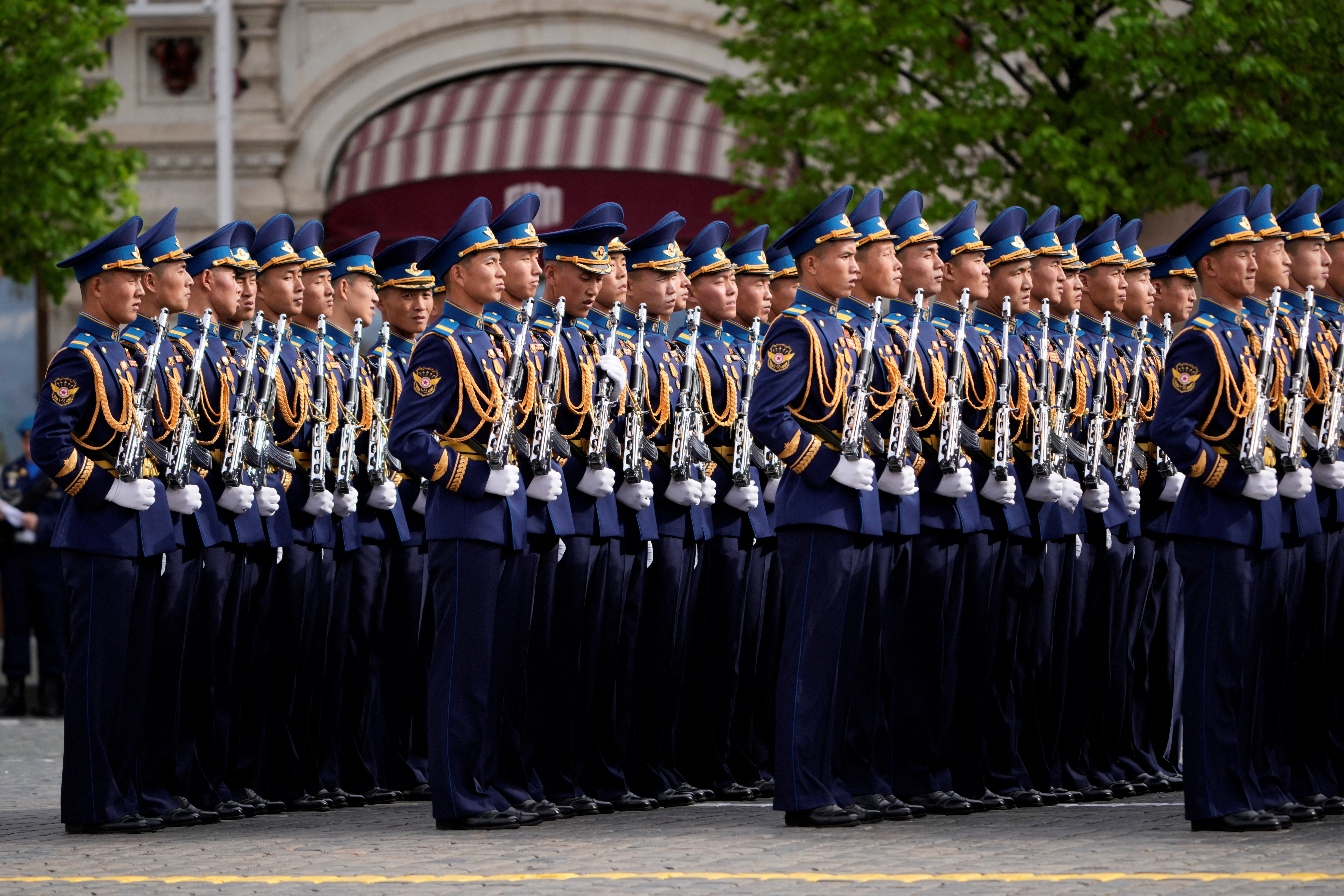 North Korean servicemen stand in formation before the Victory Day military parade in Moscow, Russia