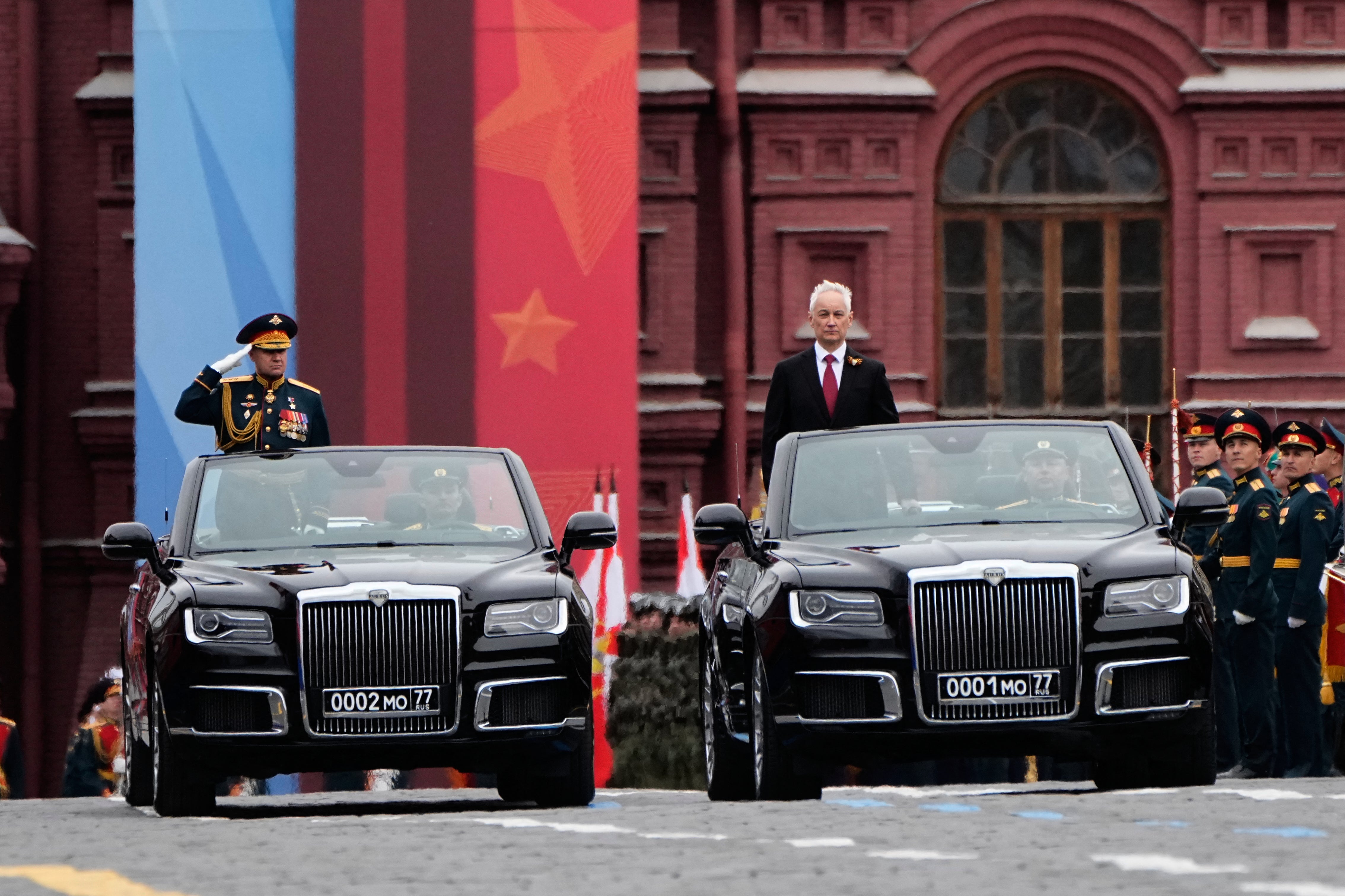 Russian Defence Minister Andrei Belousov and Commander-in-Chief of the Russian Ground Forces, Col. Gen. Andrei Mordvichev attend the Victory Day military parade at Red Square in central Moscow