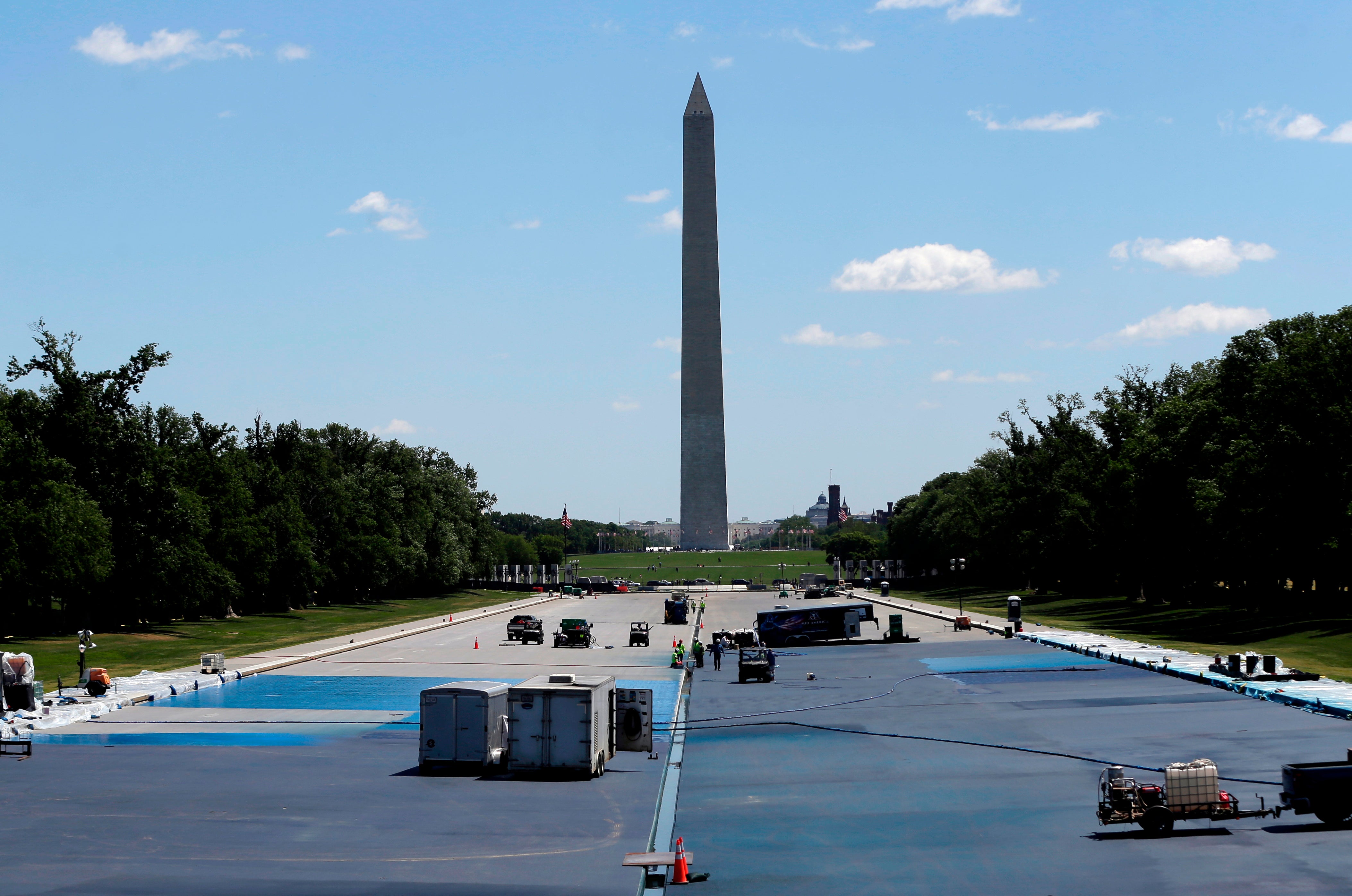 At President Trump’s direction, a Virginia-based company is repainting the bottom of the Lincoln Memorial Reflecting Pool an ocean blue