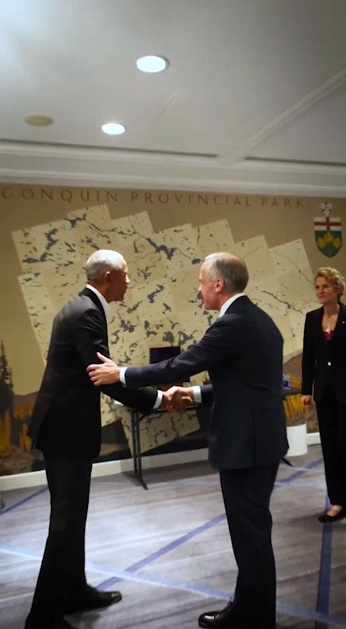 Former President Barack Obama greeted Canadian Prime Minister Mark Carney and his wife, Diana Fox Carney, as he was giving a keynote address at a Canadian think tank gala