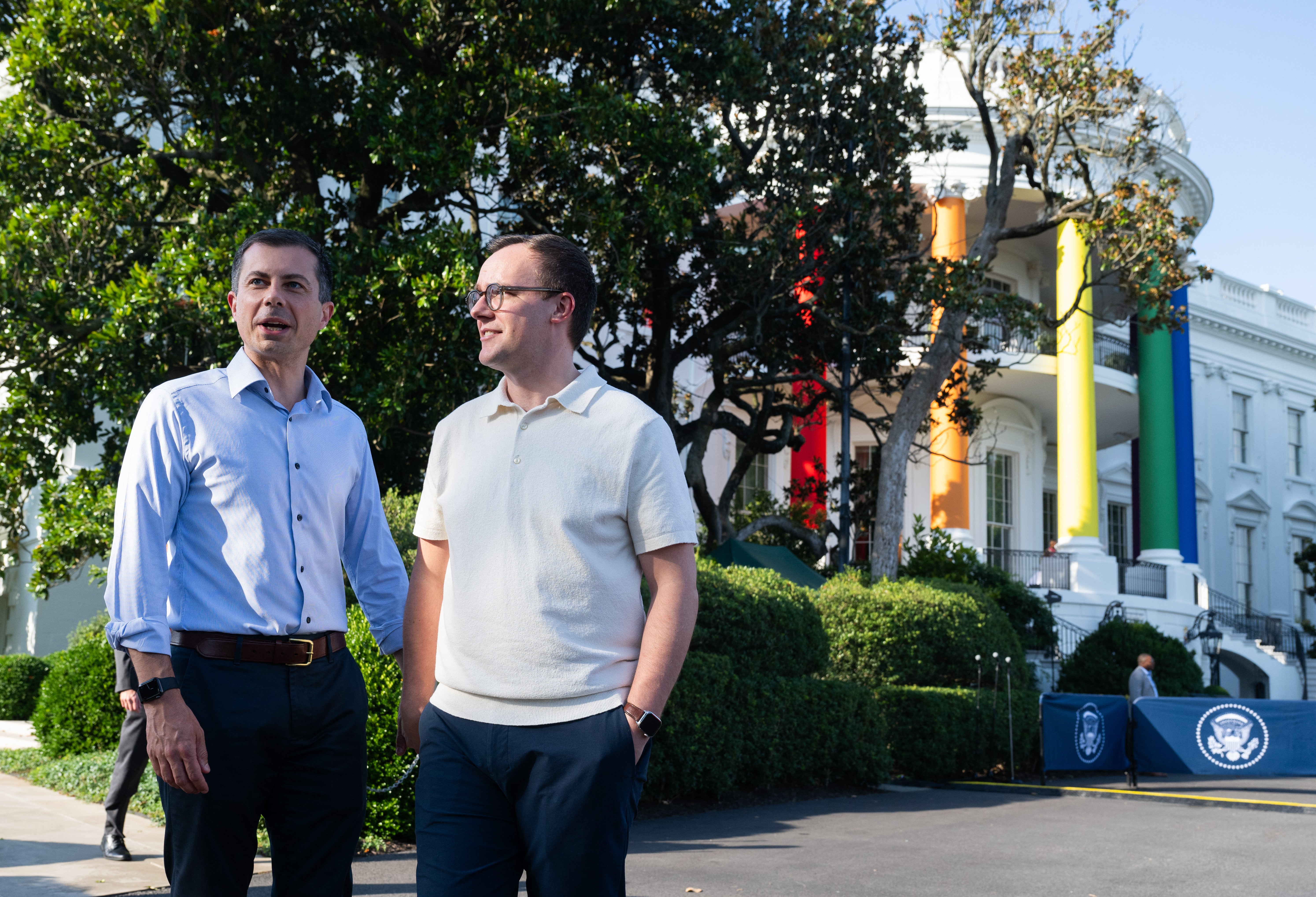 Pete Buttigieg's husband Chasten (right) lambasted Transportation Secretary Sean Duffy over a reality TV show he spent months making, prompting a sharp response from Duffy’s wife