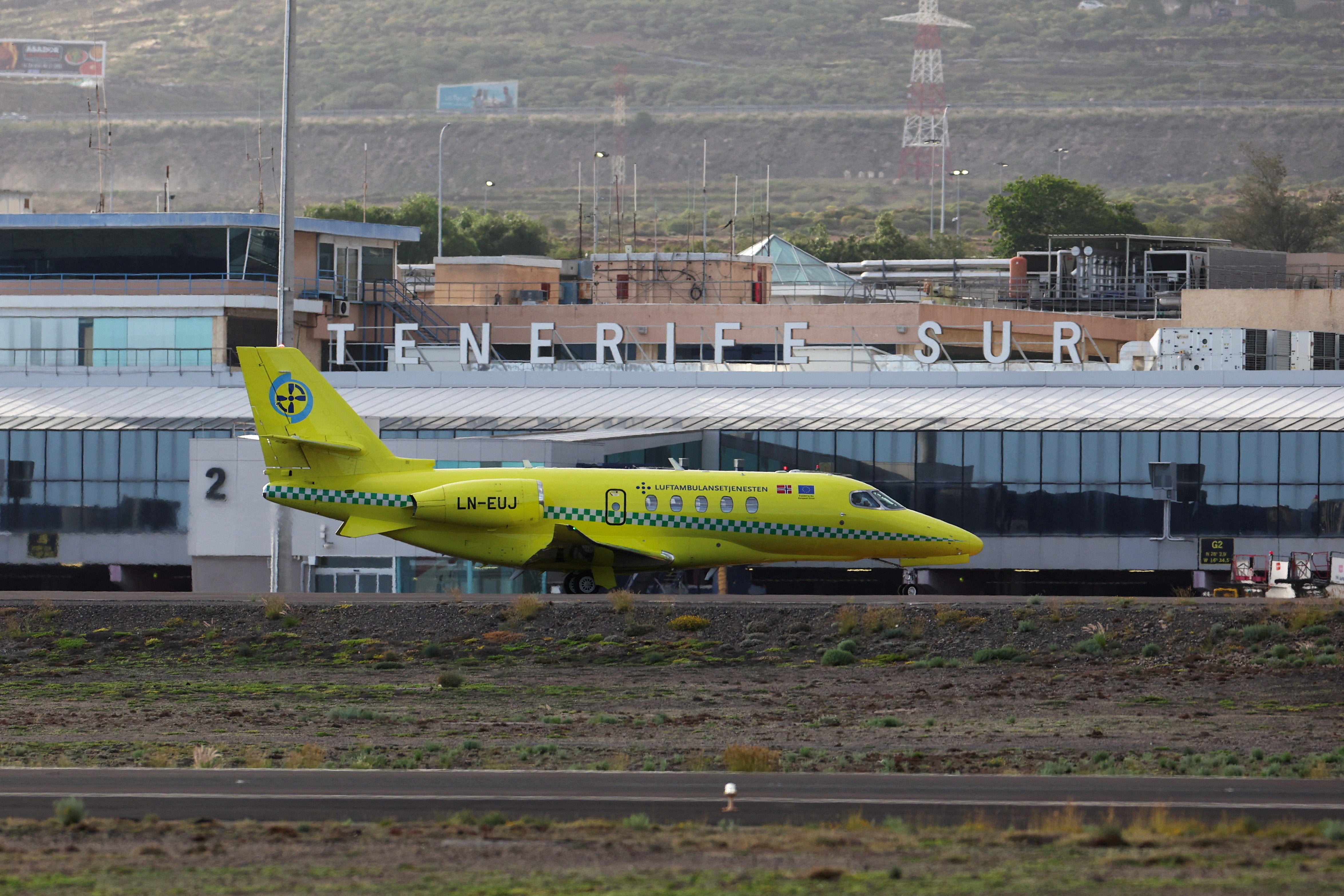 An air ambulance arrives at Tenerife Sud airport