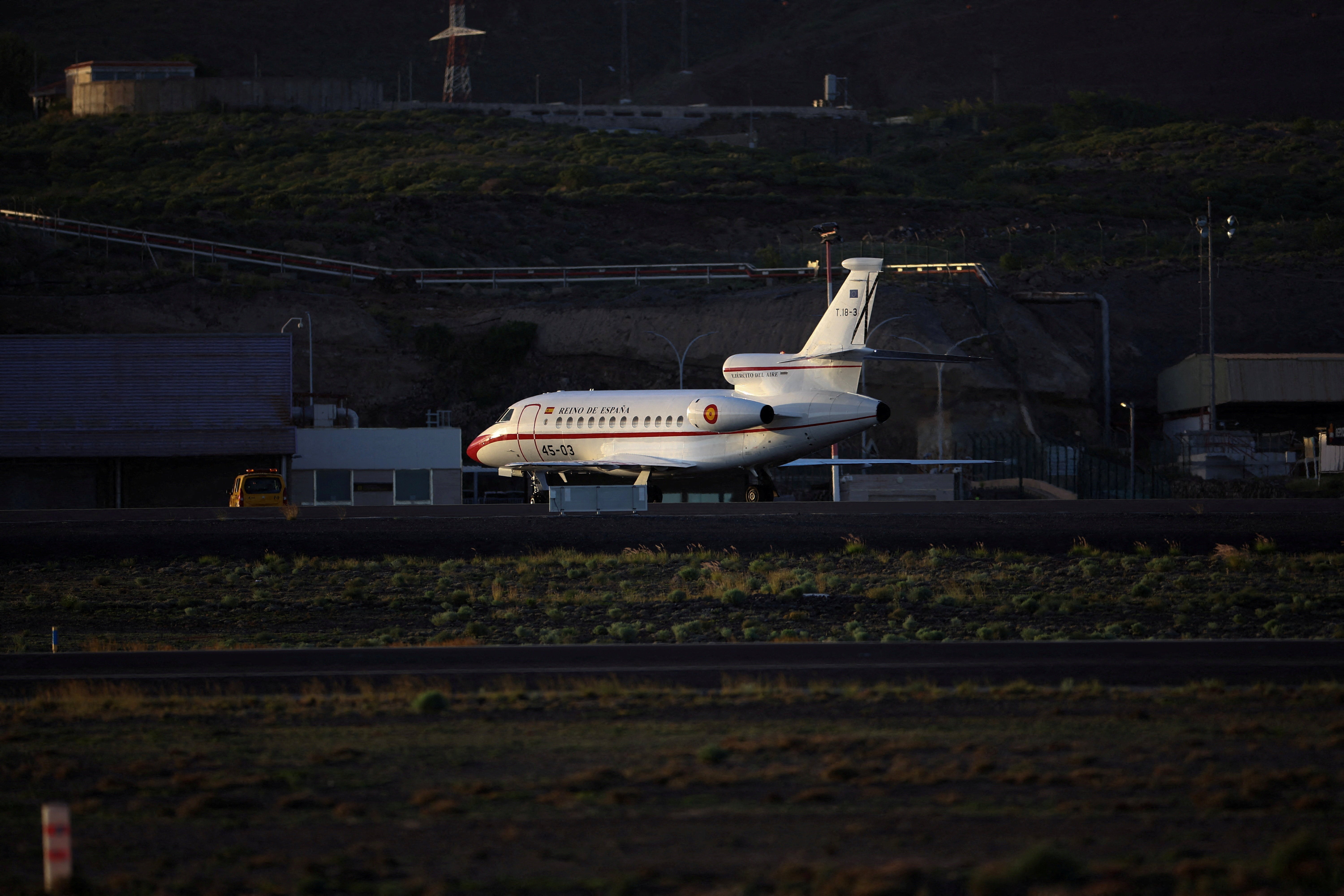 A Spanish Air Force plane arrives at Tenerife Sud airport, Canary Islands
