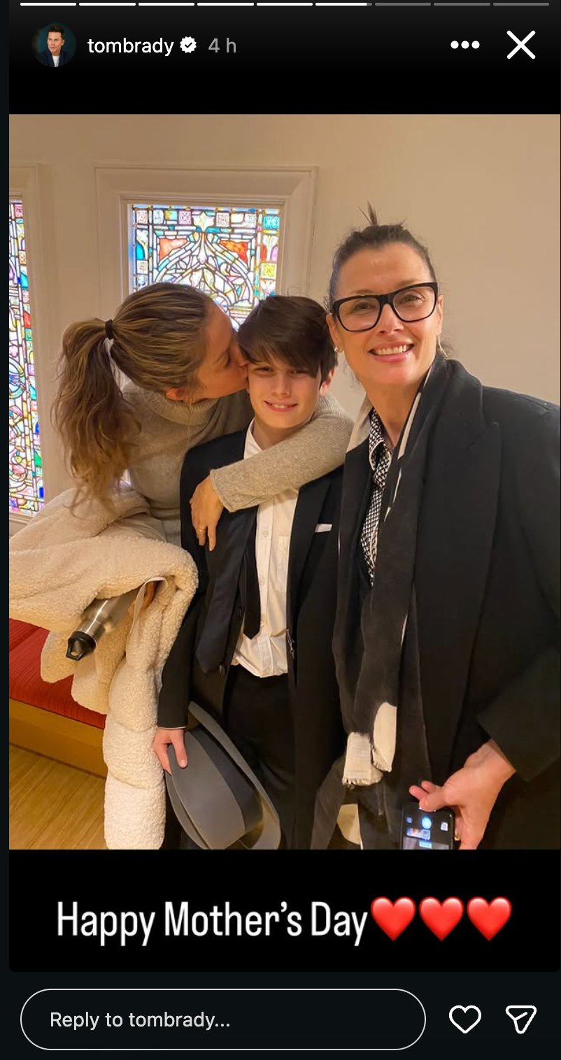 Brady shared a throwback image of Bündchen kissing her stepson, Jack, now 18, as they stood next to Moynahan, to celebrate Mother’s Day