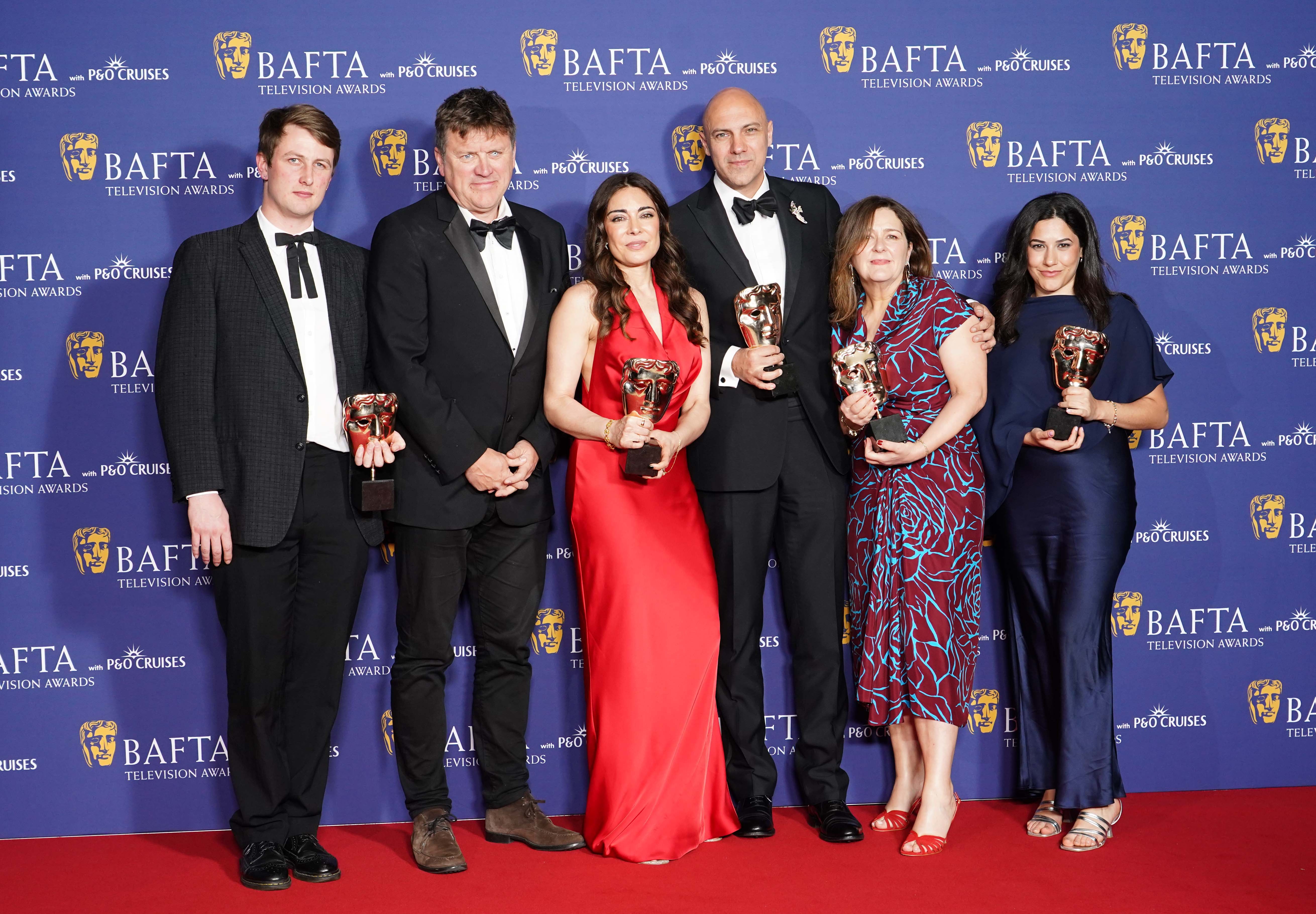 Ben De Pear, Ramita Navai, Karim Shah, Melanie Quigley and Menna Hijazi, winners of the Current Affairs Award for Gaza: Doctors Under Attack, in the winners' room at the BAFTA TV Awards 2026