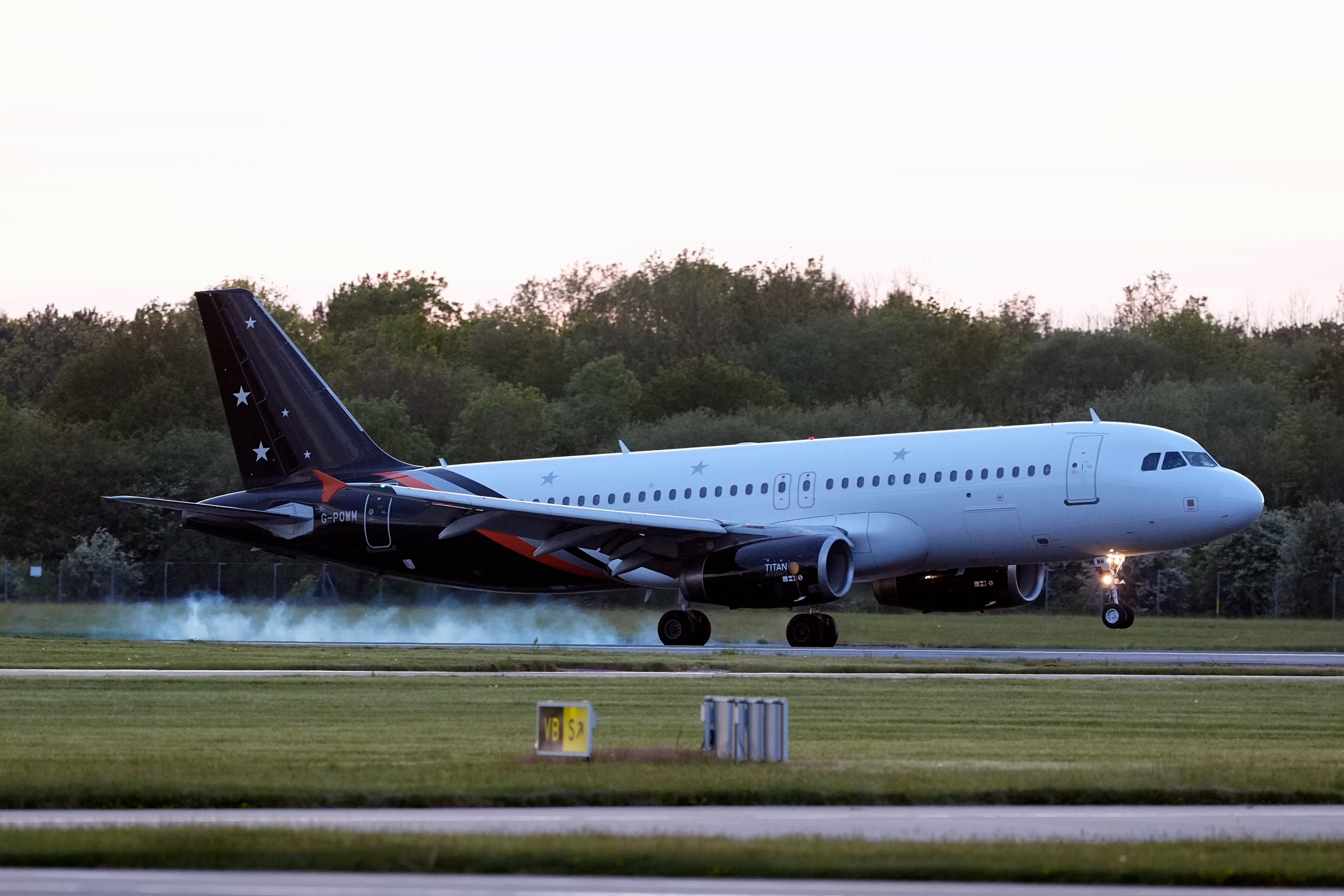 Plane landing at Manchester Airport carrying passengers that have been repatriated to the UK from cruise ship MV Hondius