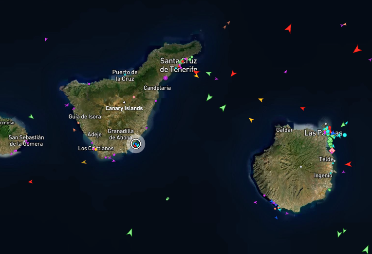 Marine maps show the MV Hondius cruise ship anchored off Tenerife