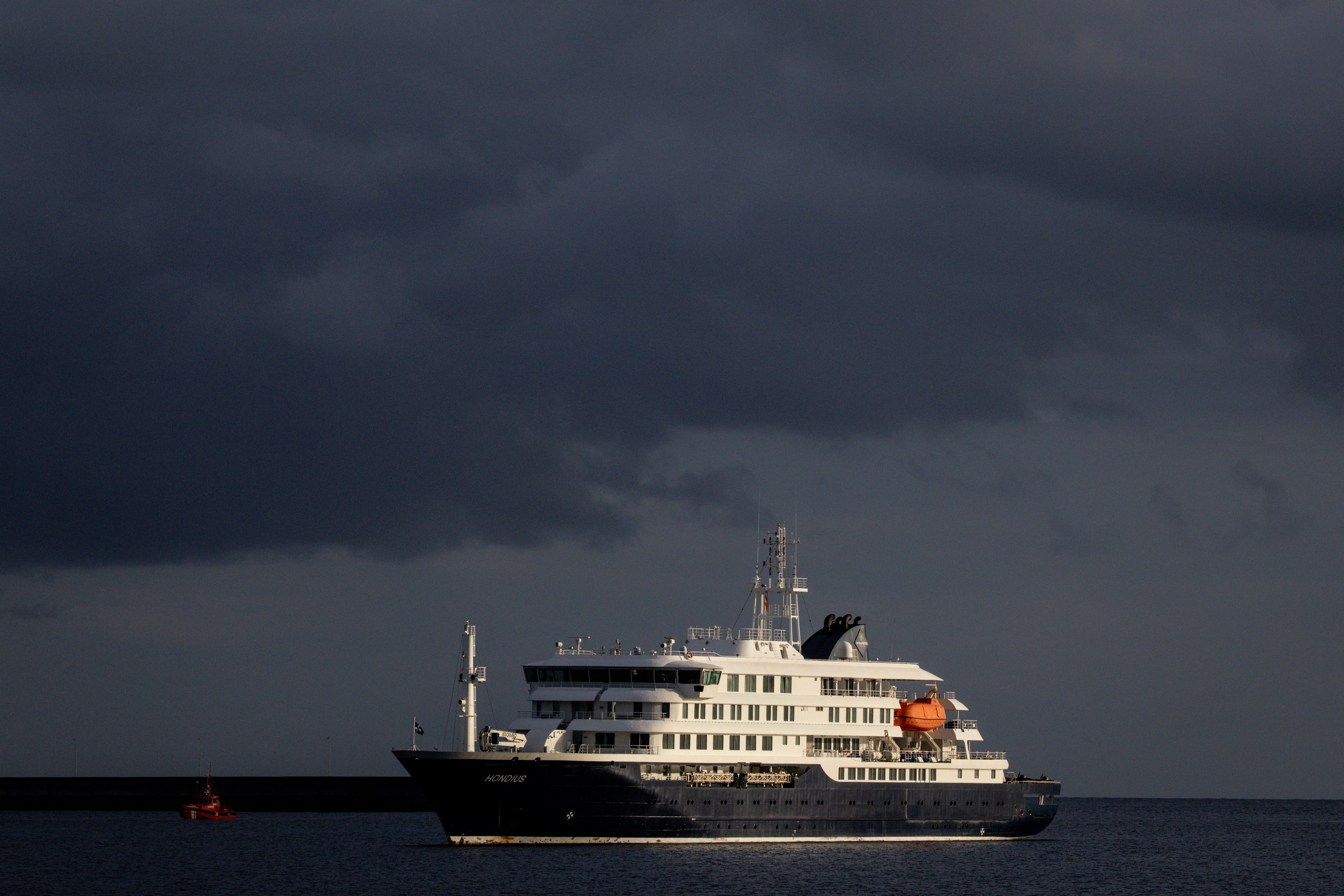The MV Hondius is seen docked in the Granadilla Port on 10 May 2026 in Tenerife