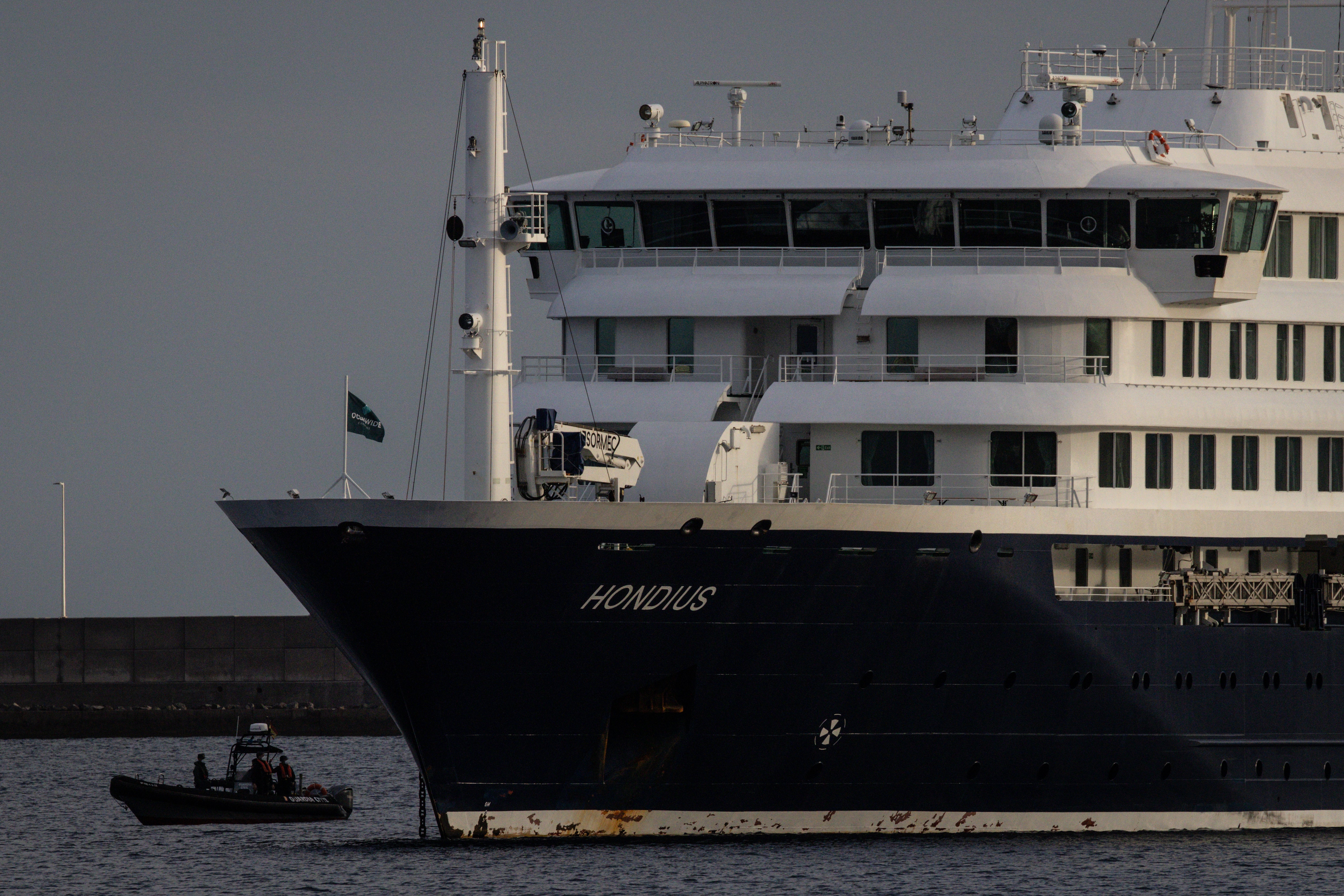 The MV Hondius is seen docked in the Granadilla Port on 10 May 2026 in Tenerife, part of the Canary Islands, Spain