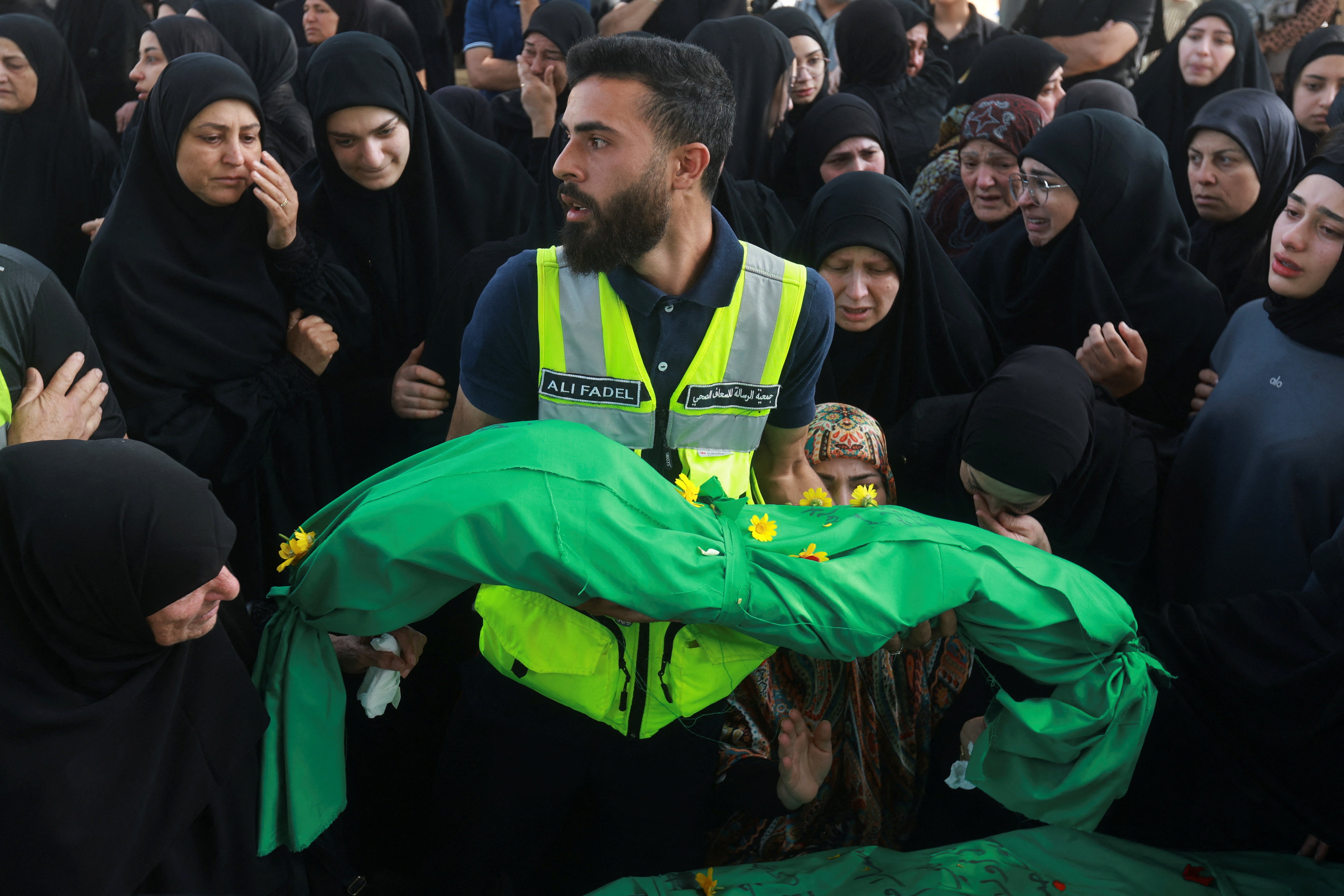 Funeral of people killed in an Israeli strike in Saksakiyeh, Haret Saida
