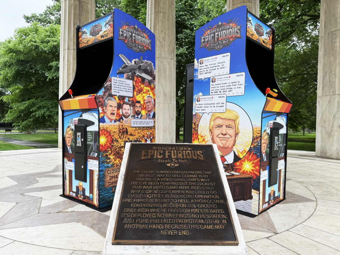 The organization Secret Handshake brought three arcade cabinets loaded with 'Operation Epic Furious: Strait to Hell' to the War Memorial in Washington, DC