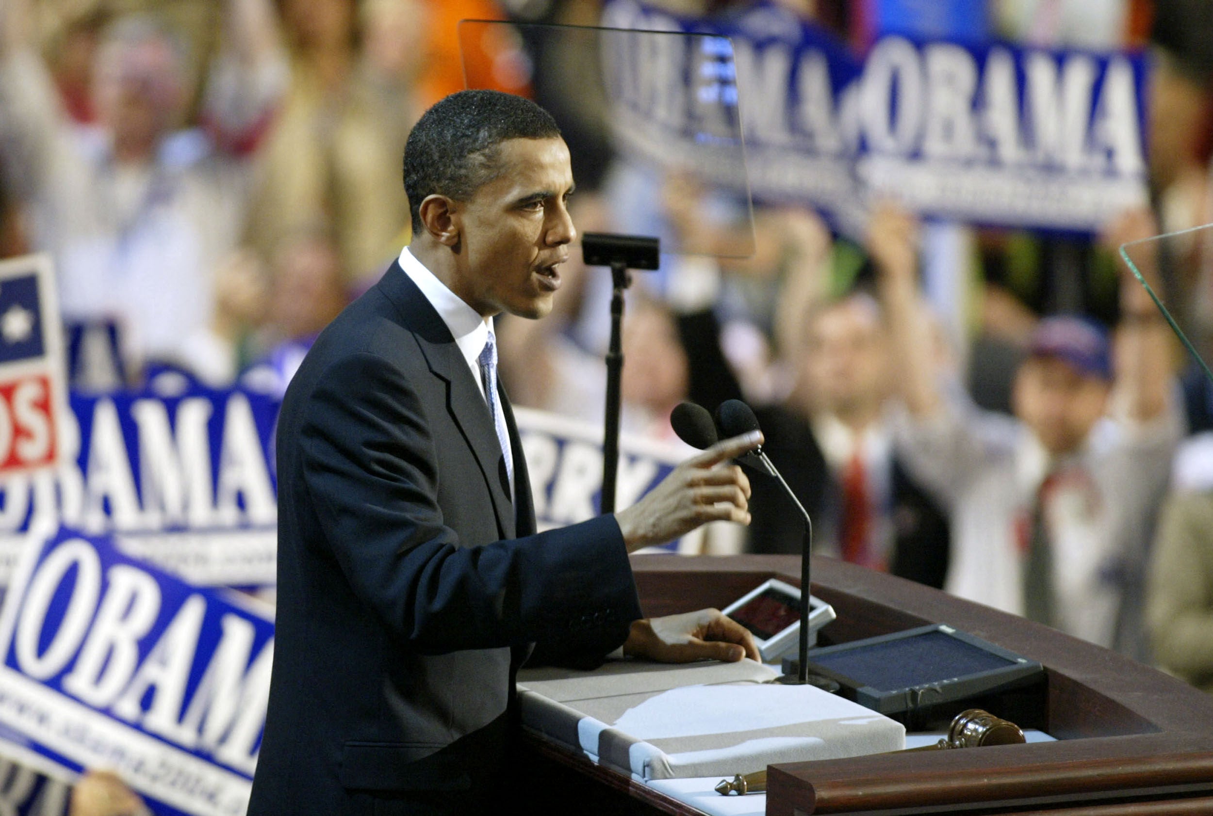 Barack Obama, then an US Senate candidate from Illinois, delivers the keynote address at the 2004 Democratic National Convention in Boston, Mass., launching his meteoric rise in US politics — one that his wife Michelle now wants him to retreat from