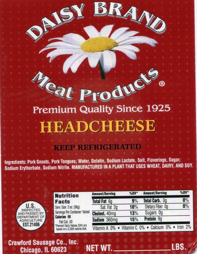 An unopened sample of Daisy Brand Meat Products Headcheese tested positive for listeria monocytogenes