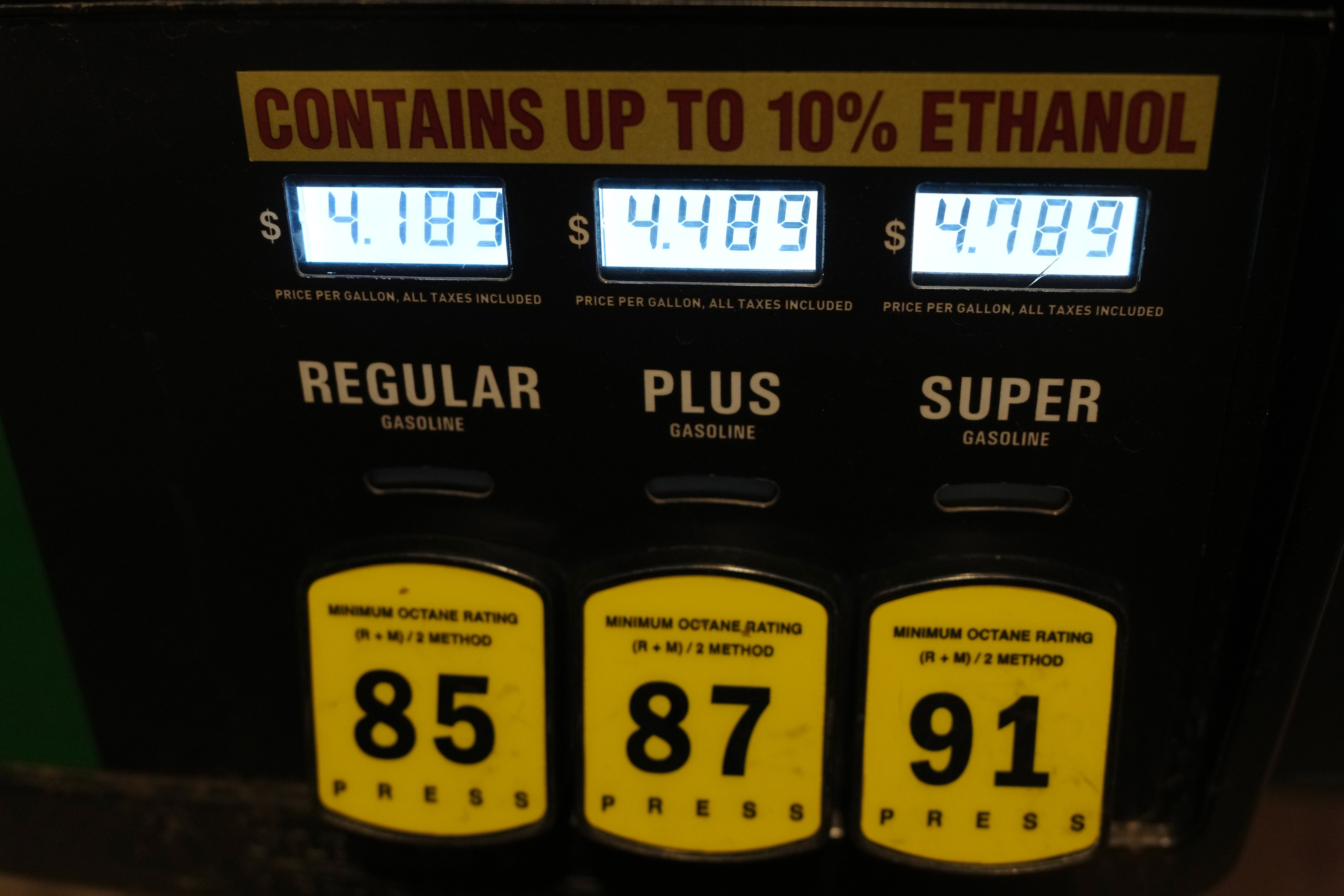 The prices are displayed electronically over the grades of gasoline available from a pump at a Buc-ee's convenience store Thursday, May 7, 2026, in Johnstown, Colorado. Gas prices are soaring in the US linked to Trump’s war with Iran