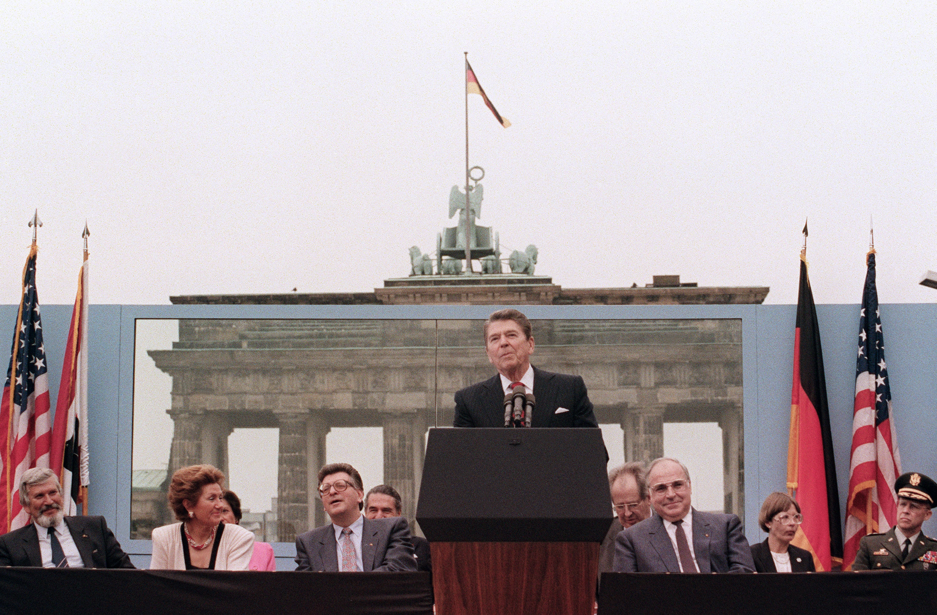 One political consultant called Obama the best public speaker the US has had in the White House since Republican President Ronald Reagan, pictured here delivering his famous ‘Tear down this wall’ speech in front of the Brandenburg Gate in West Berlin on June 12, 1987