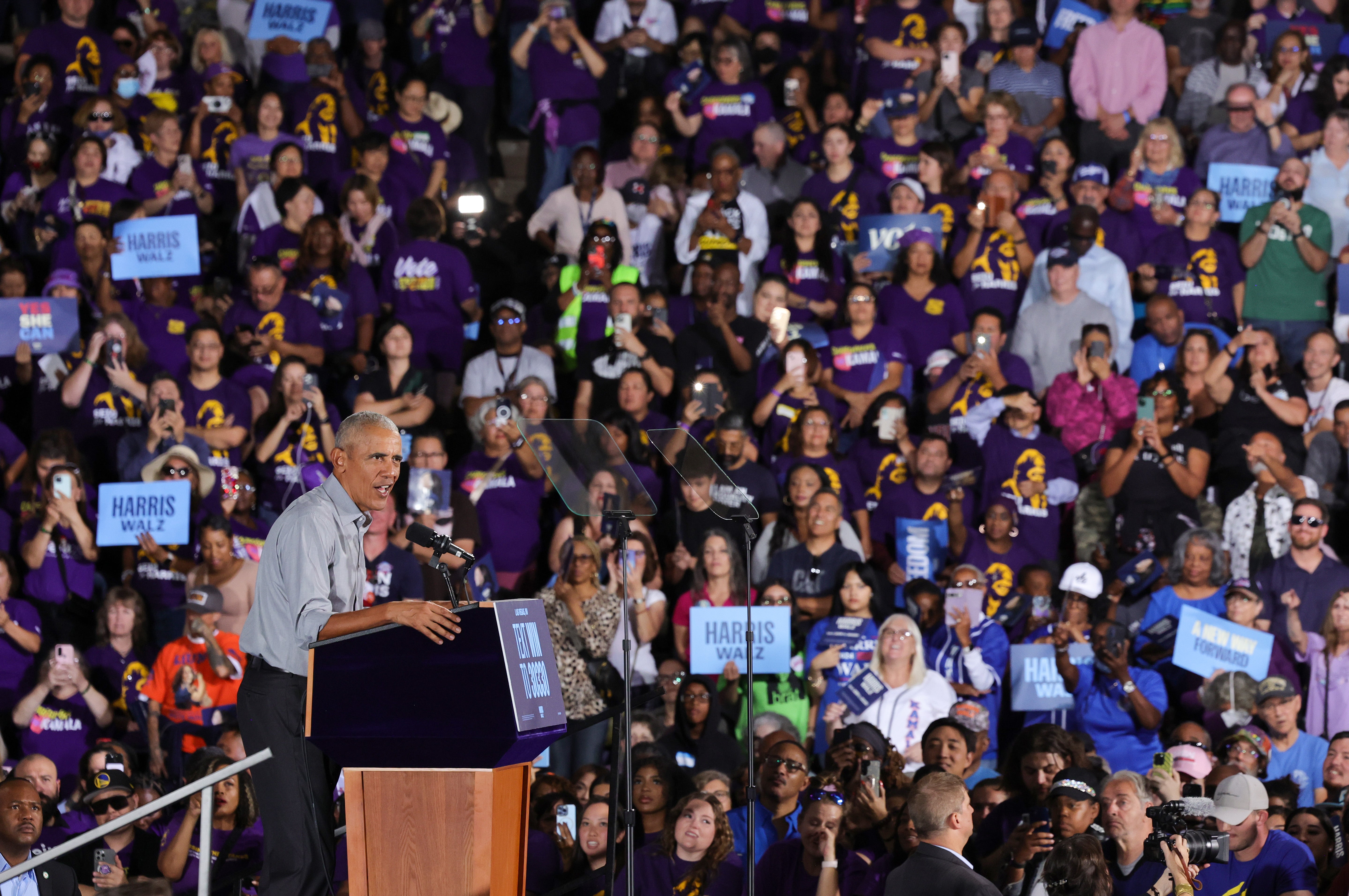 Former President Barack Obama wows a crowd in North Las Vegas, Nev., on Oct. 19, 2024, while campaigning for Vice President Kamala Harris. A consultant likened his ability to draw crowds to rock ‘n roll hall of famers like U2.