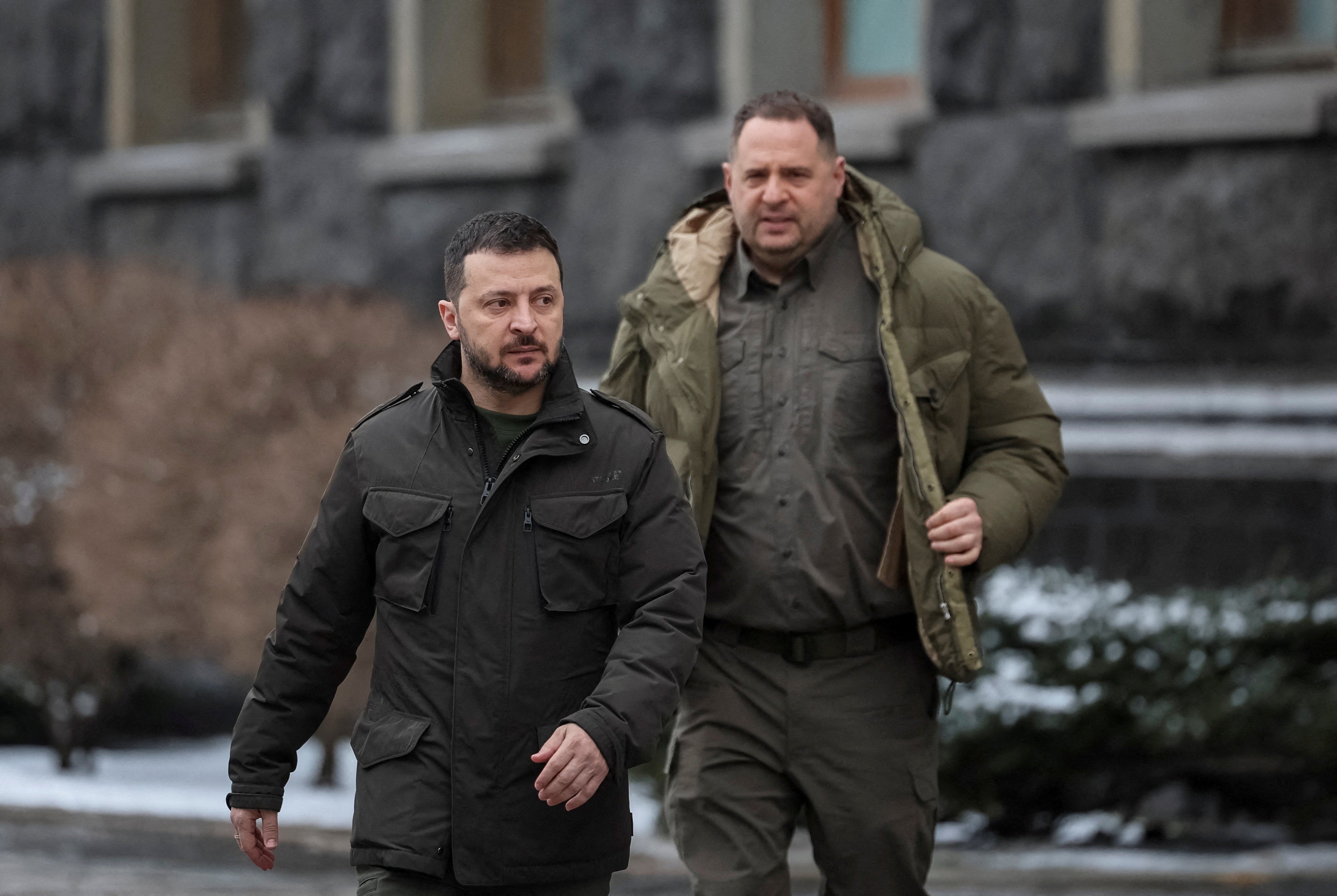 Ukraine's president Volodymyr Zelensky and Head of the Presidential Office Andriy Yermak walk in Kyiv