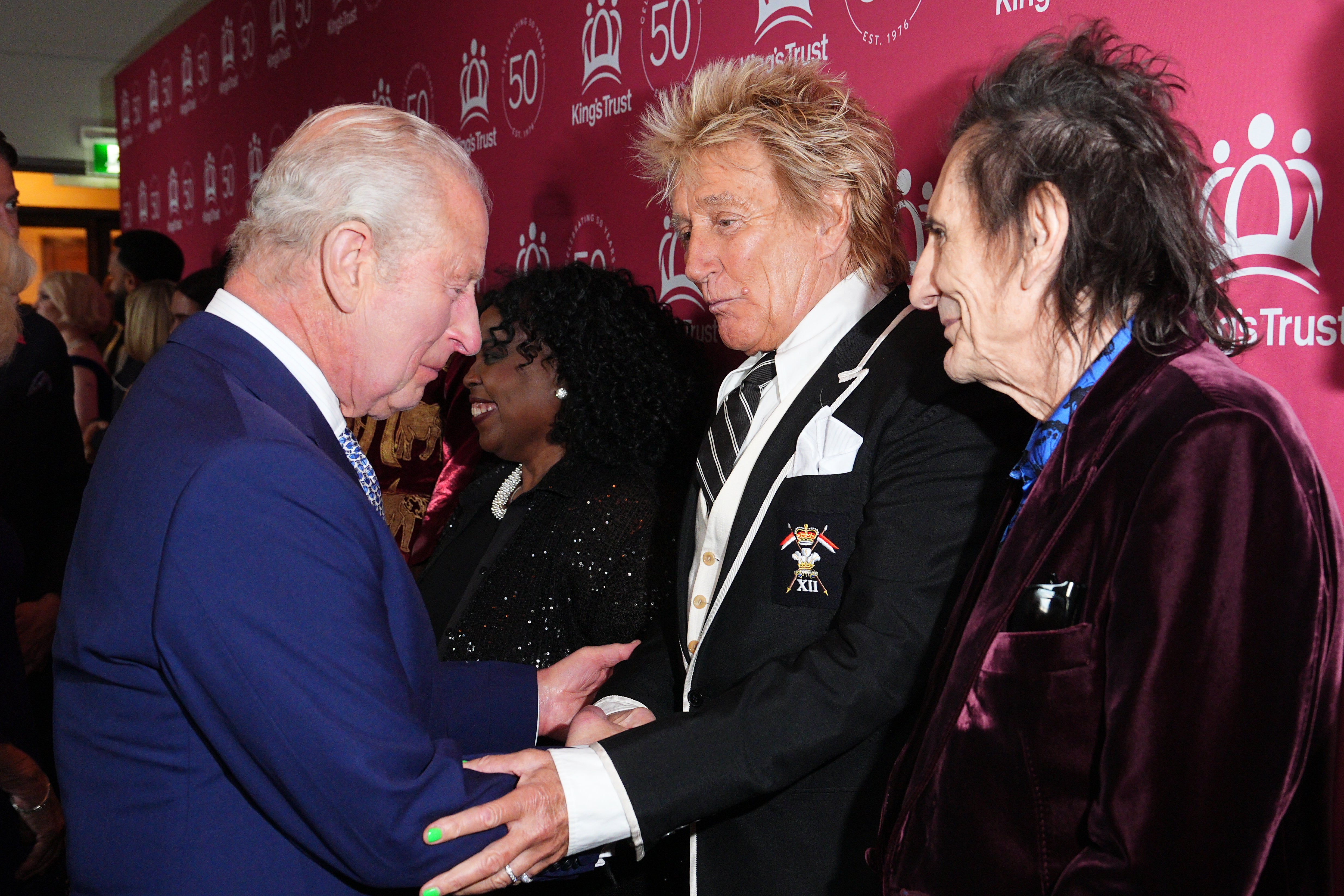 King Charles III meets Sir Rod Stewart and Ronnie Wood as they attend 'A King's Trust 50th Anniversary Celebration' at Royal Albert Hall on May 11, 2026 in London, England