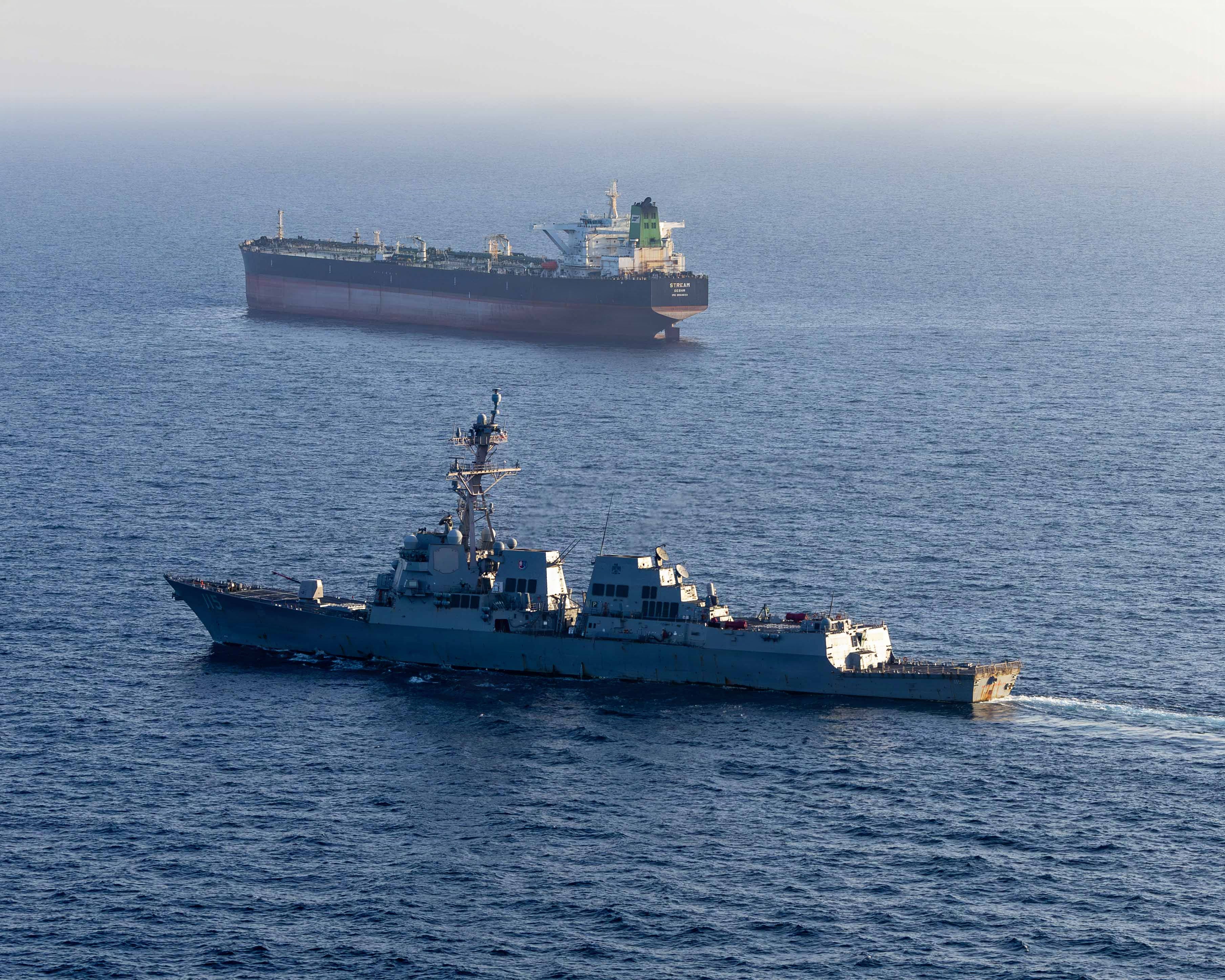 USS Rafael Peralta (DDG 115) implements a maritime blockade against an Iranian-flagged ship attempting to sail toward an Iranian port, on April 26