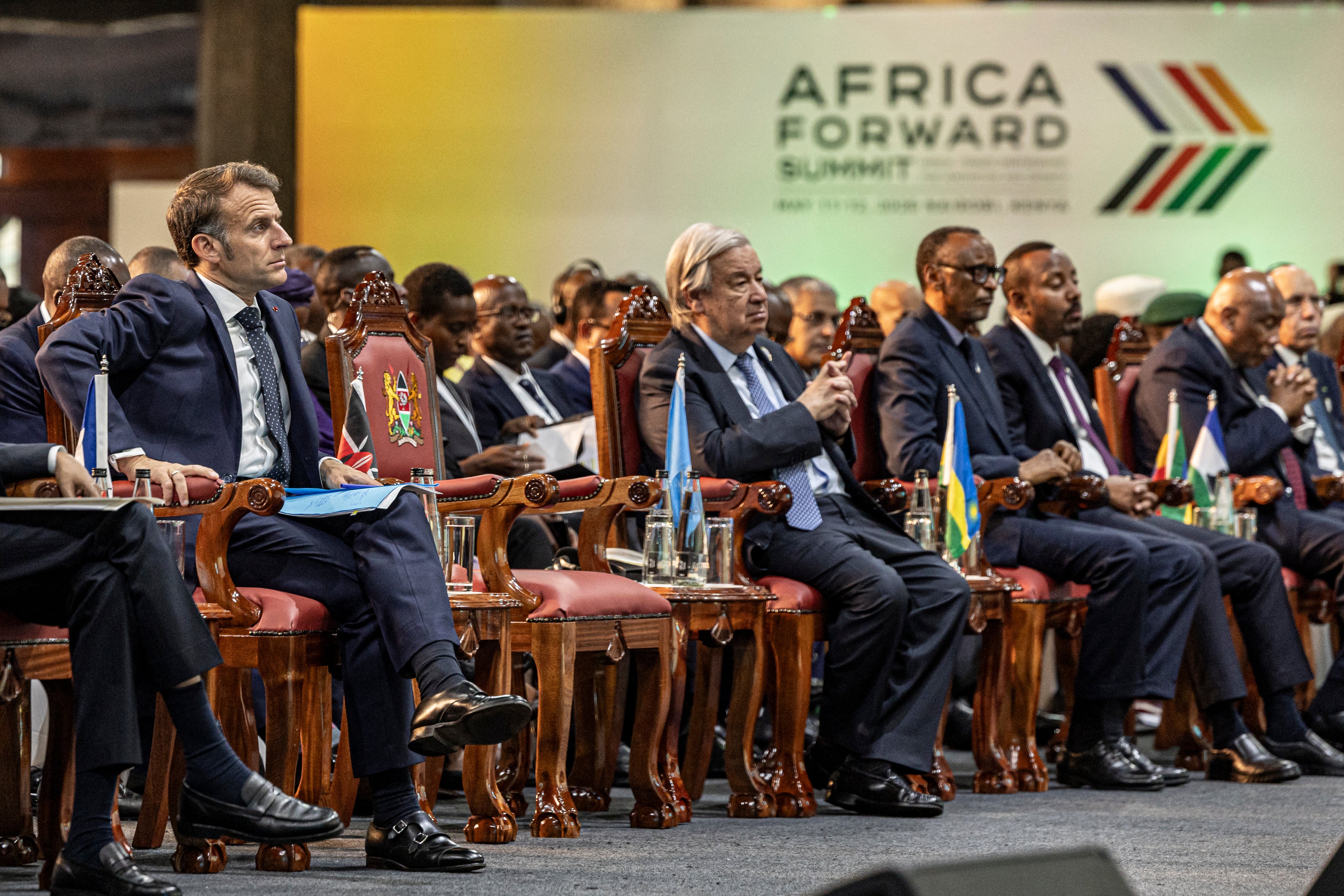 French president Emmanuel Macron sits with UN secretary-general Antonio Guterres (centre), Rwanda’s president Paul Kagame, Ethiopian prime minister Abiy Ahmed and Lesotho’s King Letsie III at the Africa Forward Summit in Nairobi on Tuesday 12 May