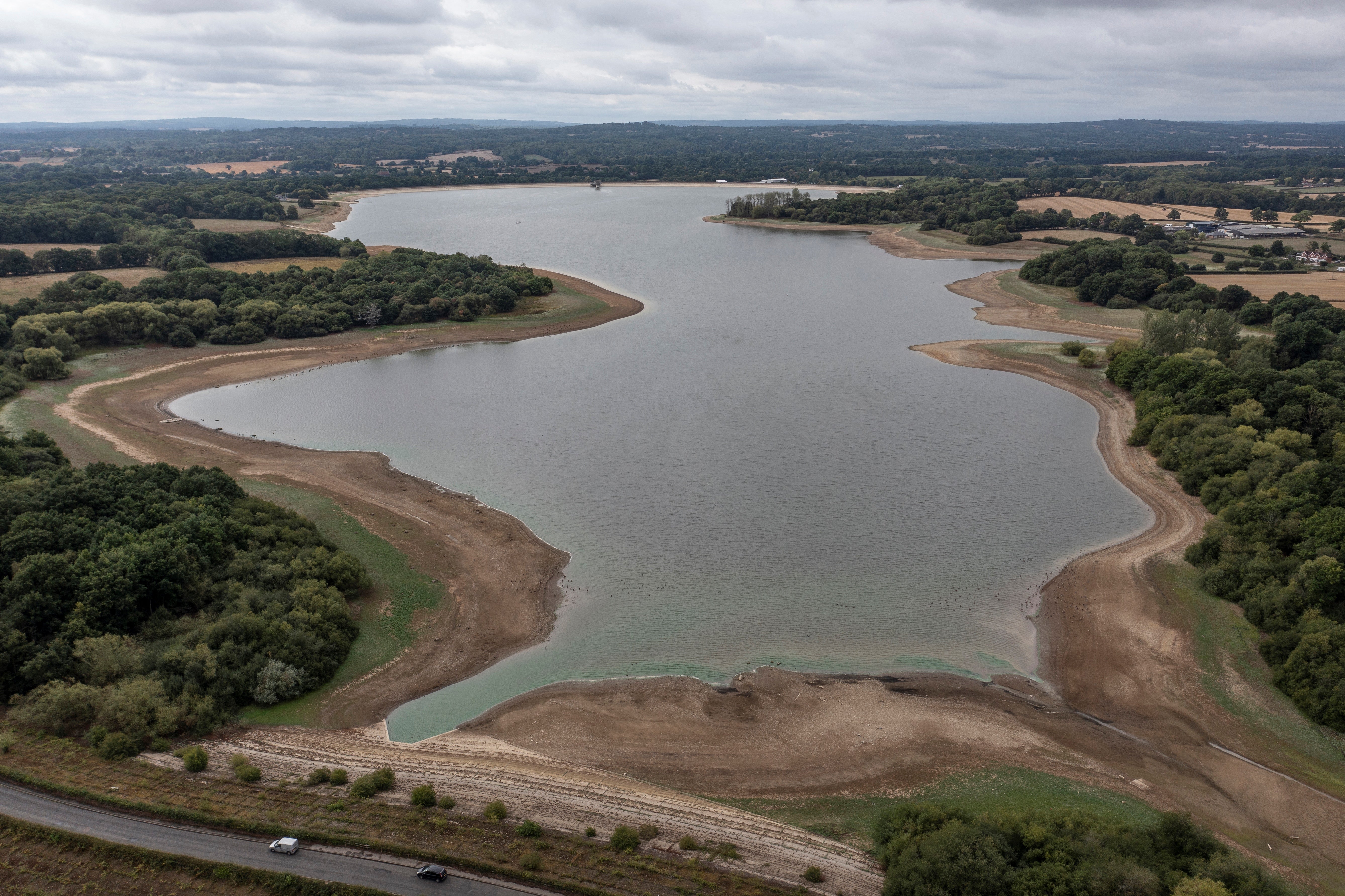Low water levels at the Bough Beech Reservoir in Kent during a drought in August 2022