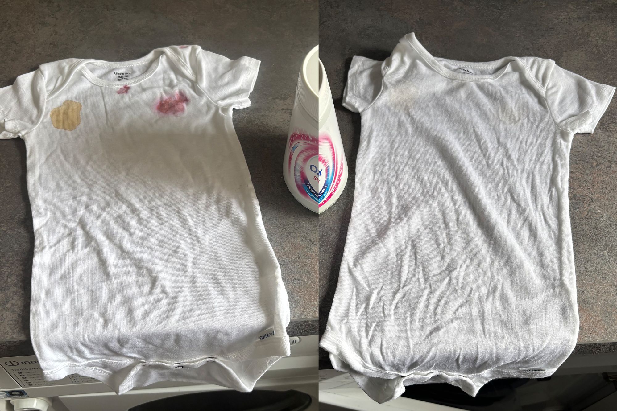 Before and after with the Tesco oxypower stain remover (Zoe Griffin/The Independent)