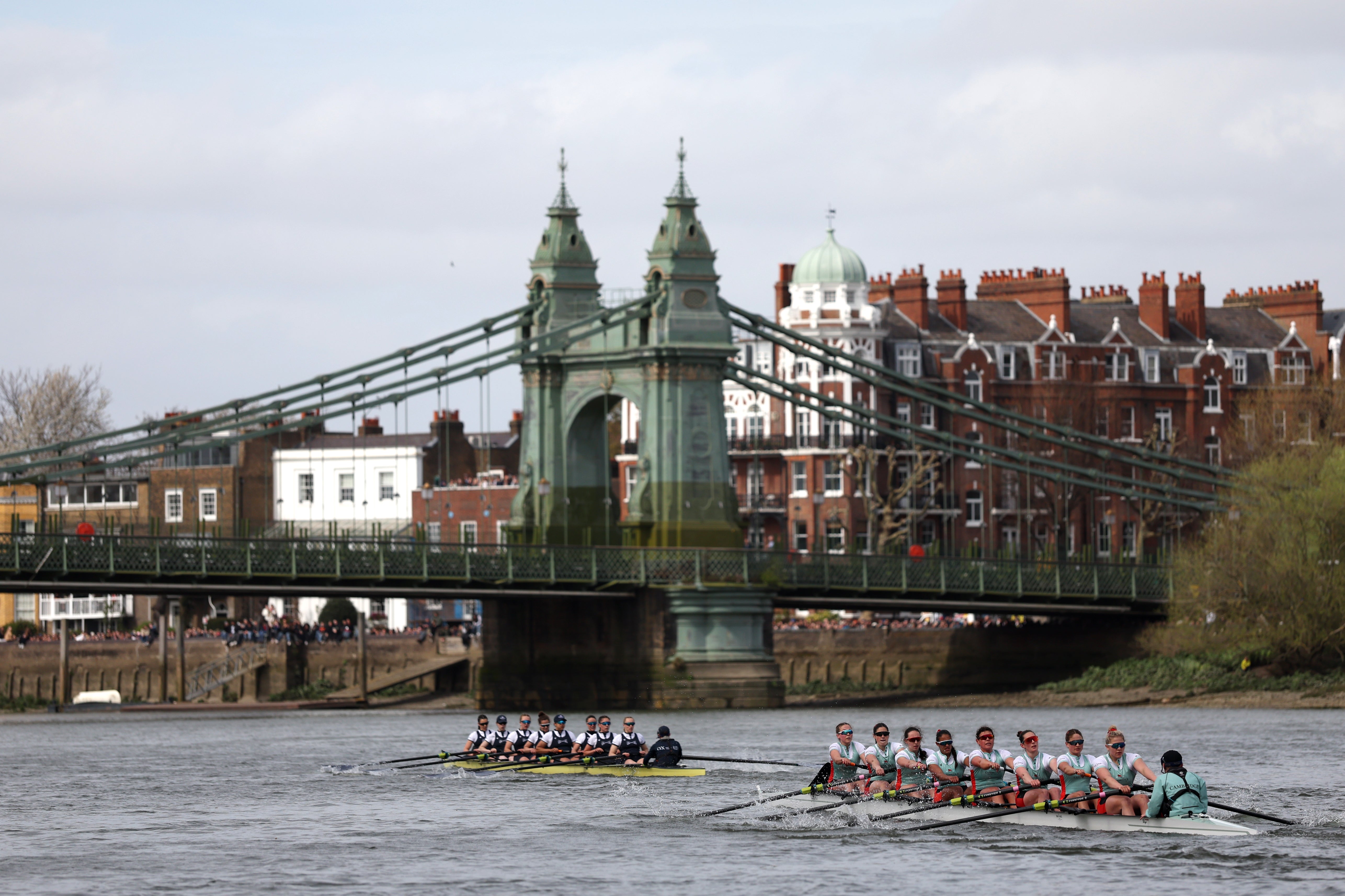 Hammersmith Bridge pictured in the background of the Women's Boat Race 2026