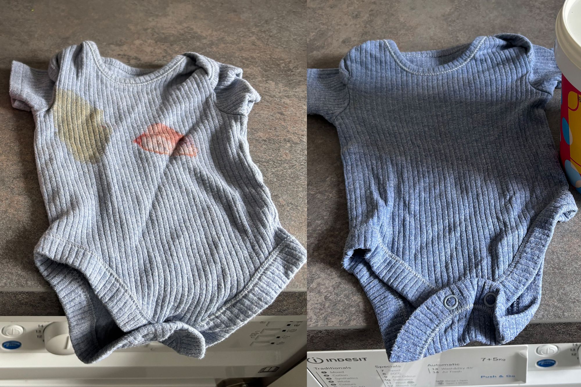 Before and after using the Ocado stain remover for colours (Zoe Griffin/The Independent)
