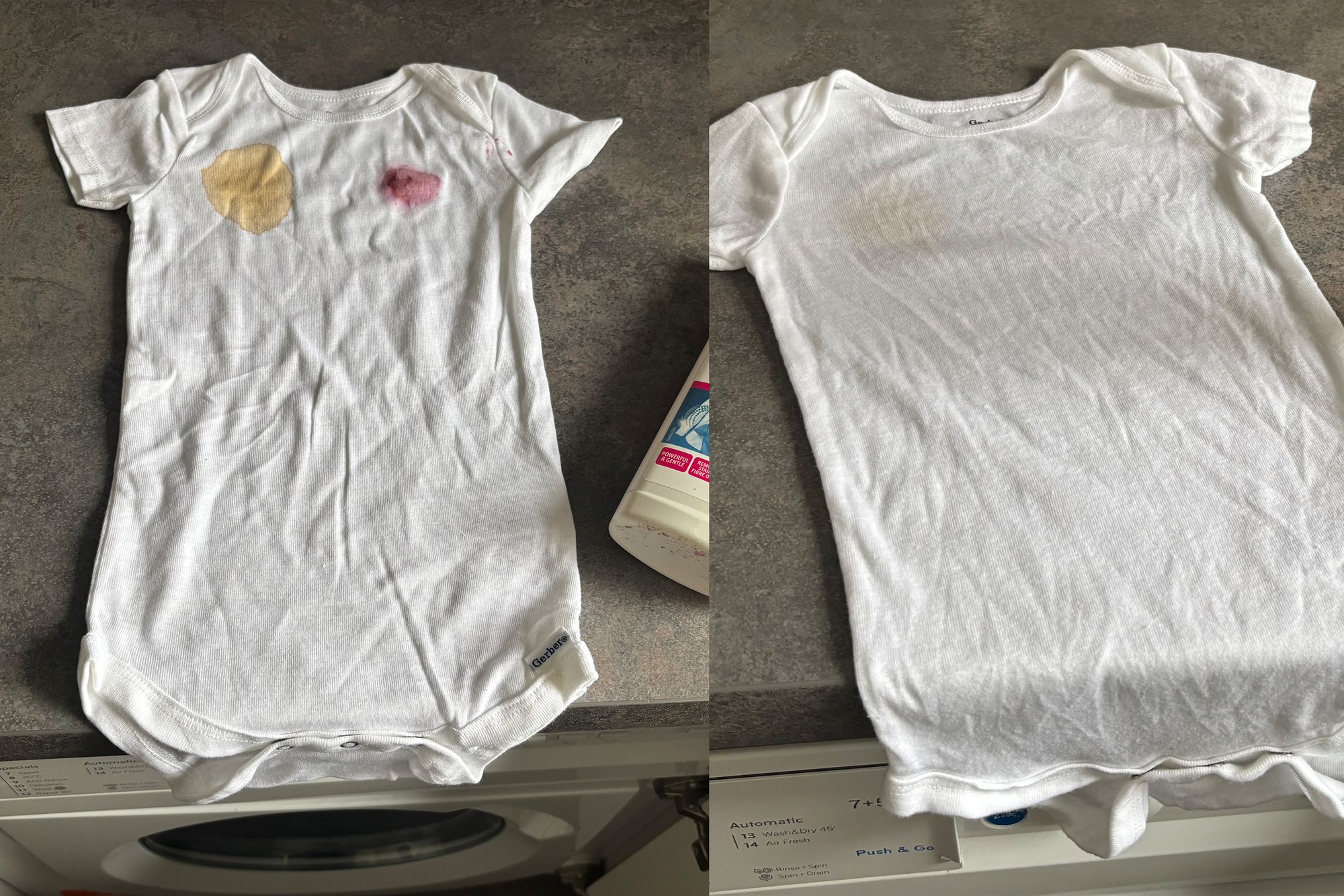 Before and after using the Dr Beckmann power brush stain remover (Zoe Griffin/The Independent)