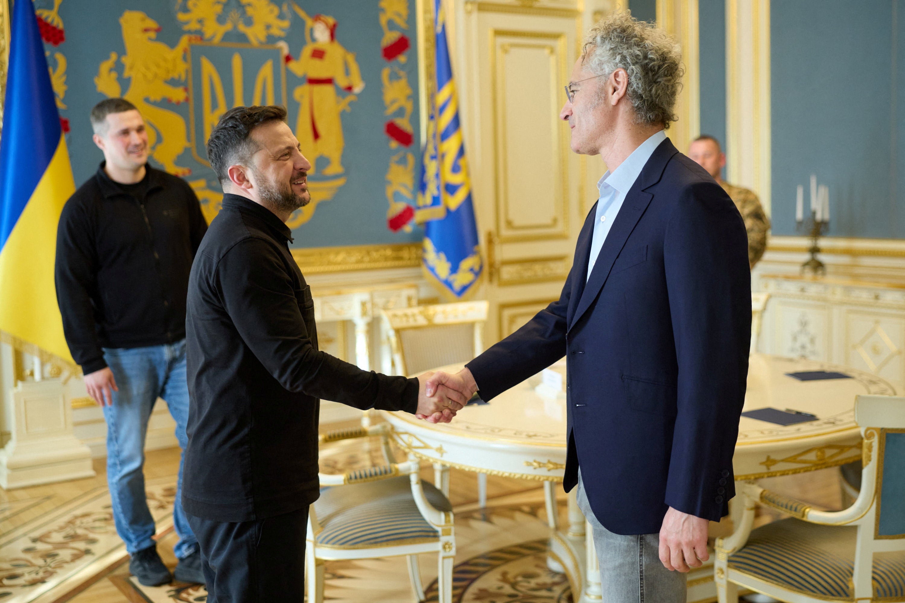 Zelensky meets Palantir Technologies CEO Alex Karp with defence minister Mykhailo Federov in Kyiv