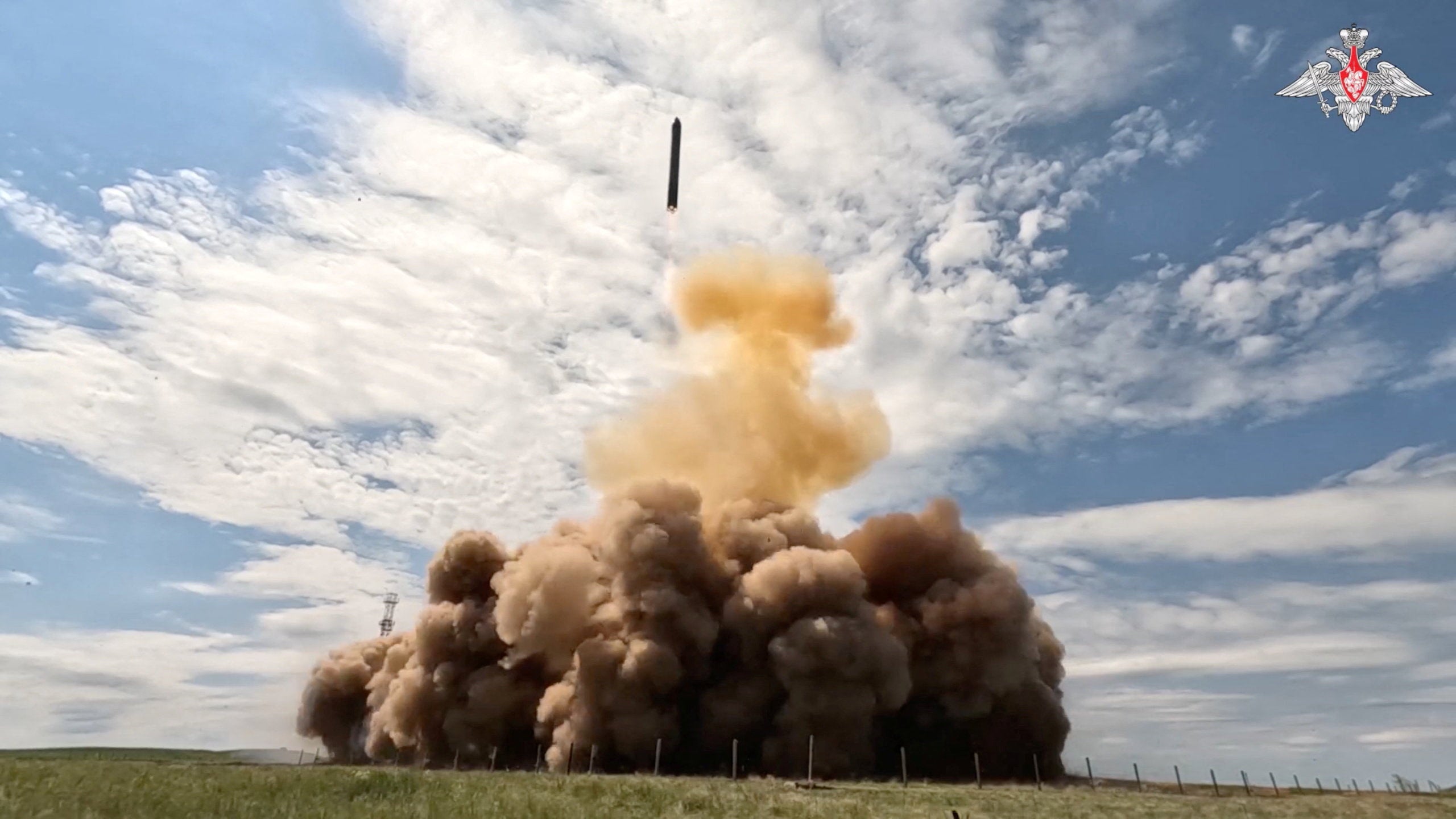 A test launch of Russia's Sarmat intercontinental ballistic missile at an unidentified location, in this still image taken from a video released on May 12