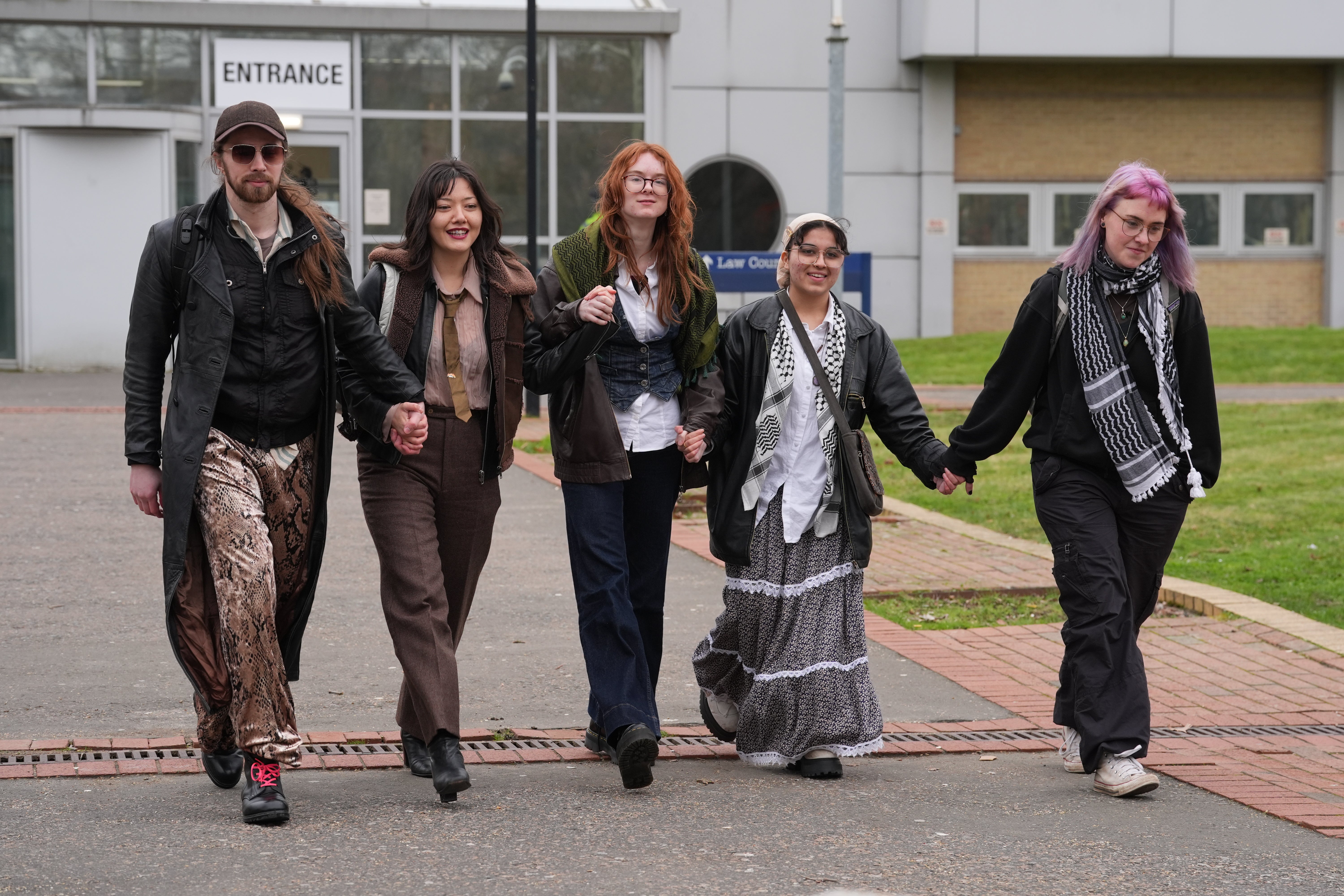 Palestine Action activists (from left) Jordan Devlin, Leona Kamio, Zoe Rogers, Fatema Rajwani and Charlotte Head