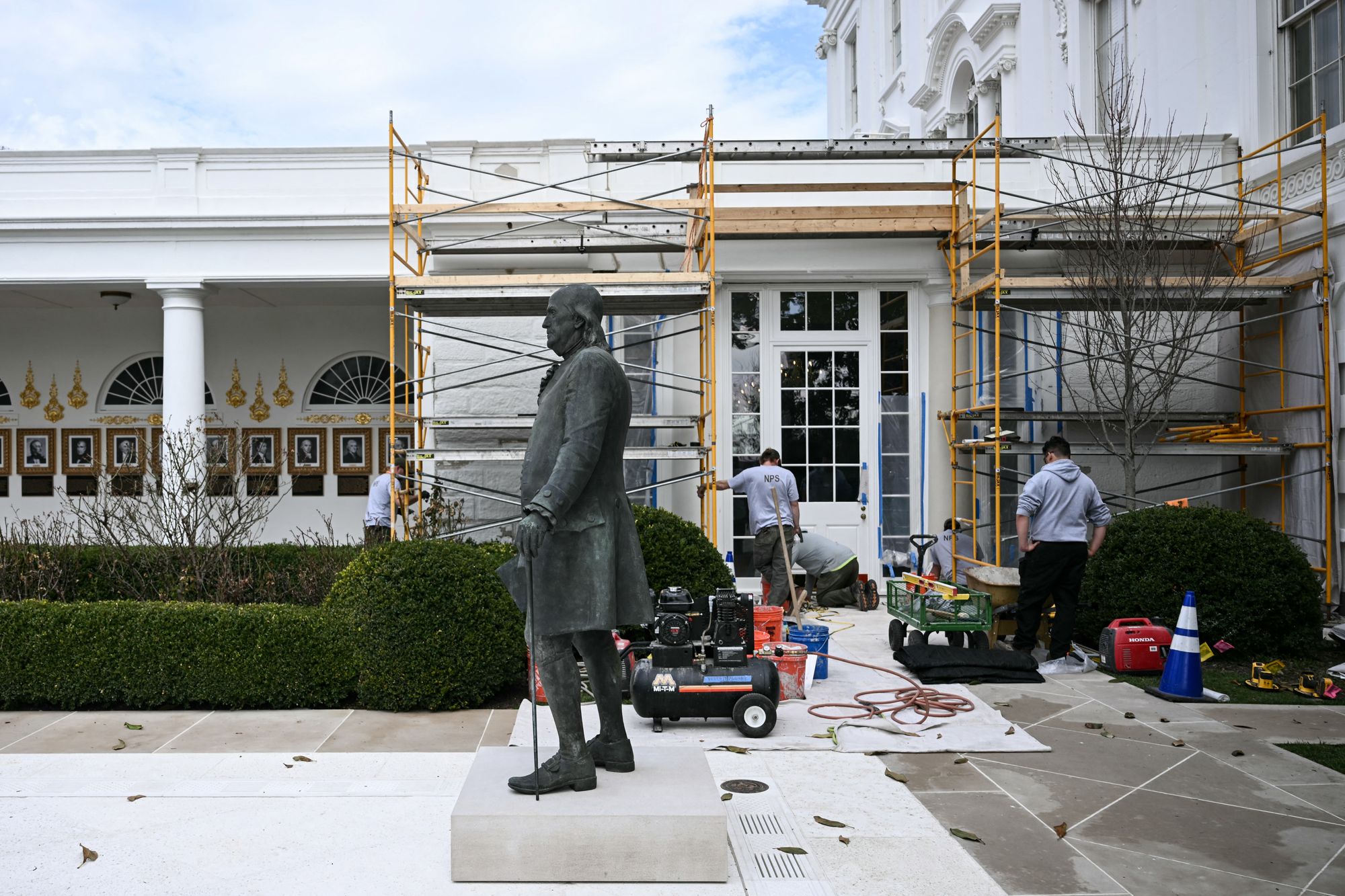 The garden will feature ‘historical figures’ of great importance, according to the National Endowment for the Humanities. A statue of Benjamin Franklin is seen here outside the West Wing