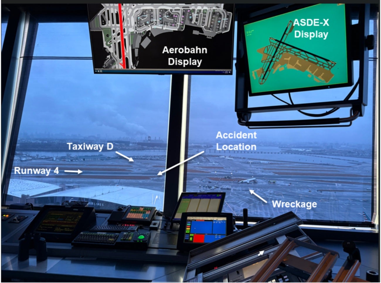 The annotated scene of a deadly runway collision between a fire truck and an airplane on March 22, 2025, at New York City's LaGuardia Airport is seen from inside the air traffic control tower. The green screen on the right is used to show the movements of tracker-equipped aircraft and vehicles on the ground