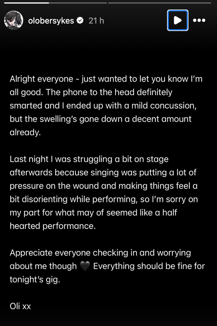 Oli Sykes of Bring Me the Horizon was hit in the head by a phone during a recent concert