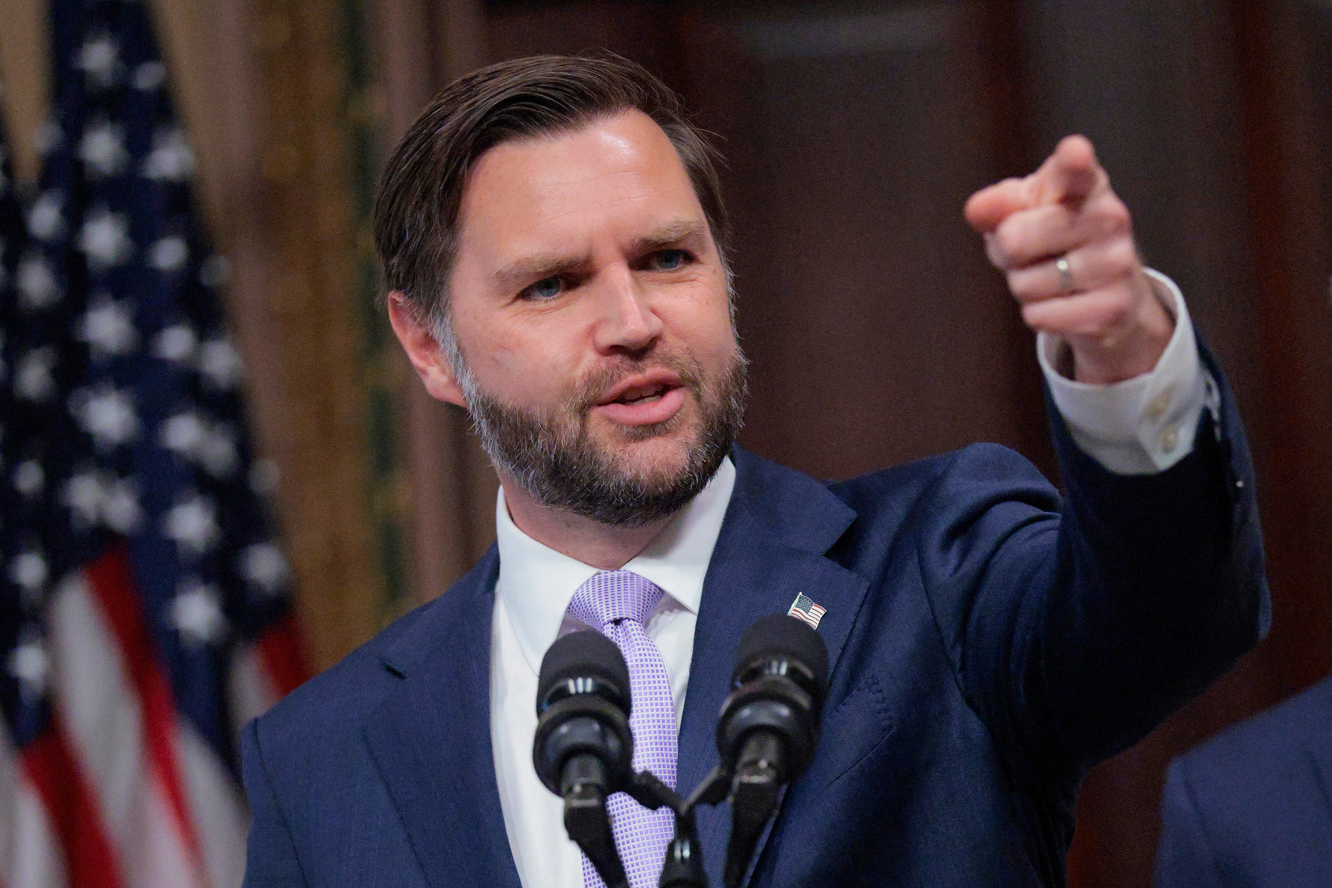 Vice President JD Vance takes questions during a press conference on the Trump administration's anti-fraud initiatives on Wednesday, May 13