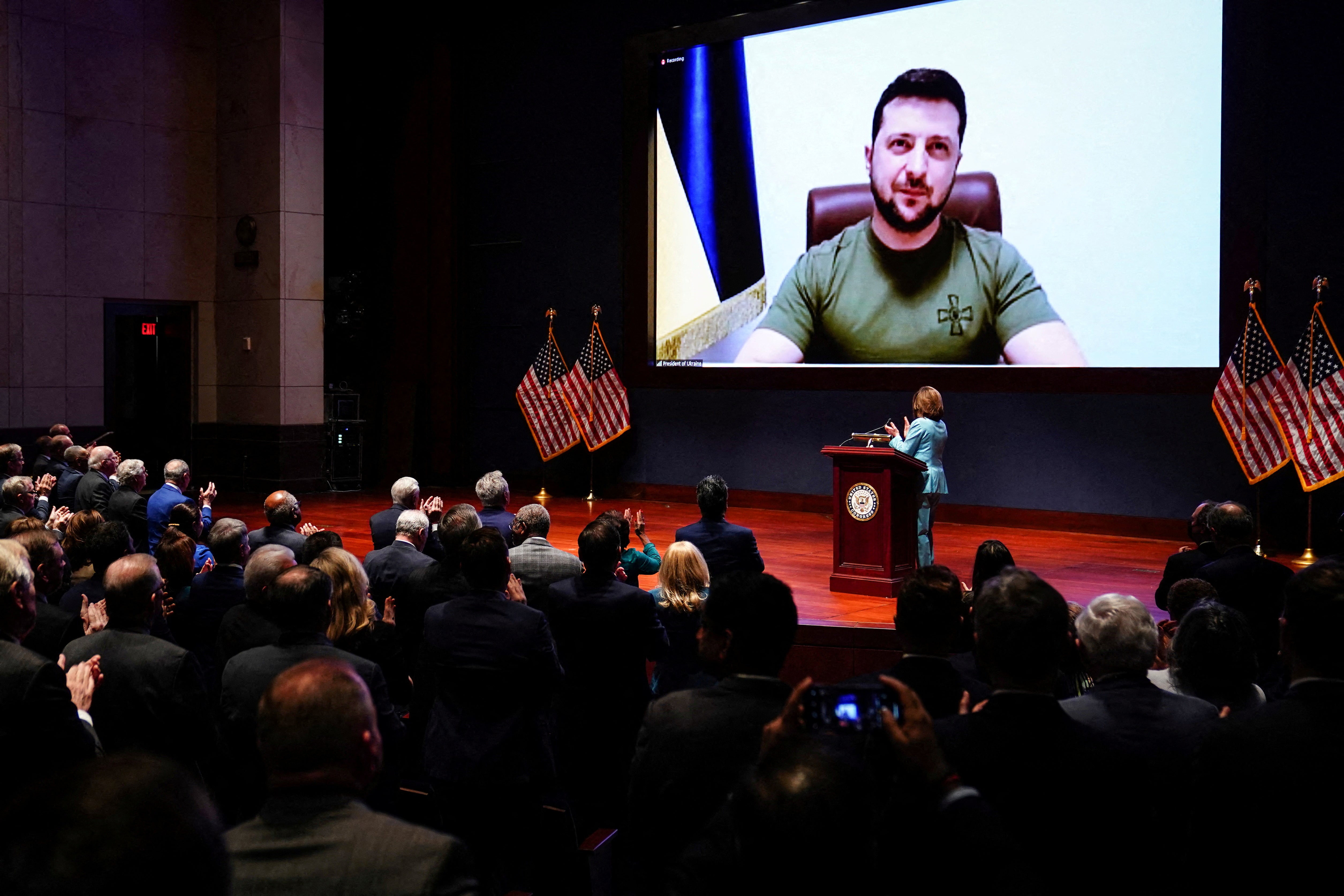 Ukraine’s president Volodymyr Zelensky delivers a video address at the US Capitol in Washington