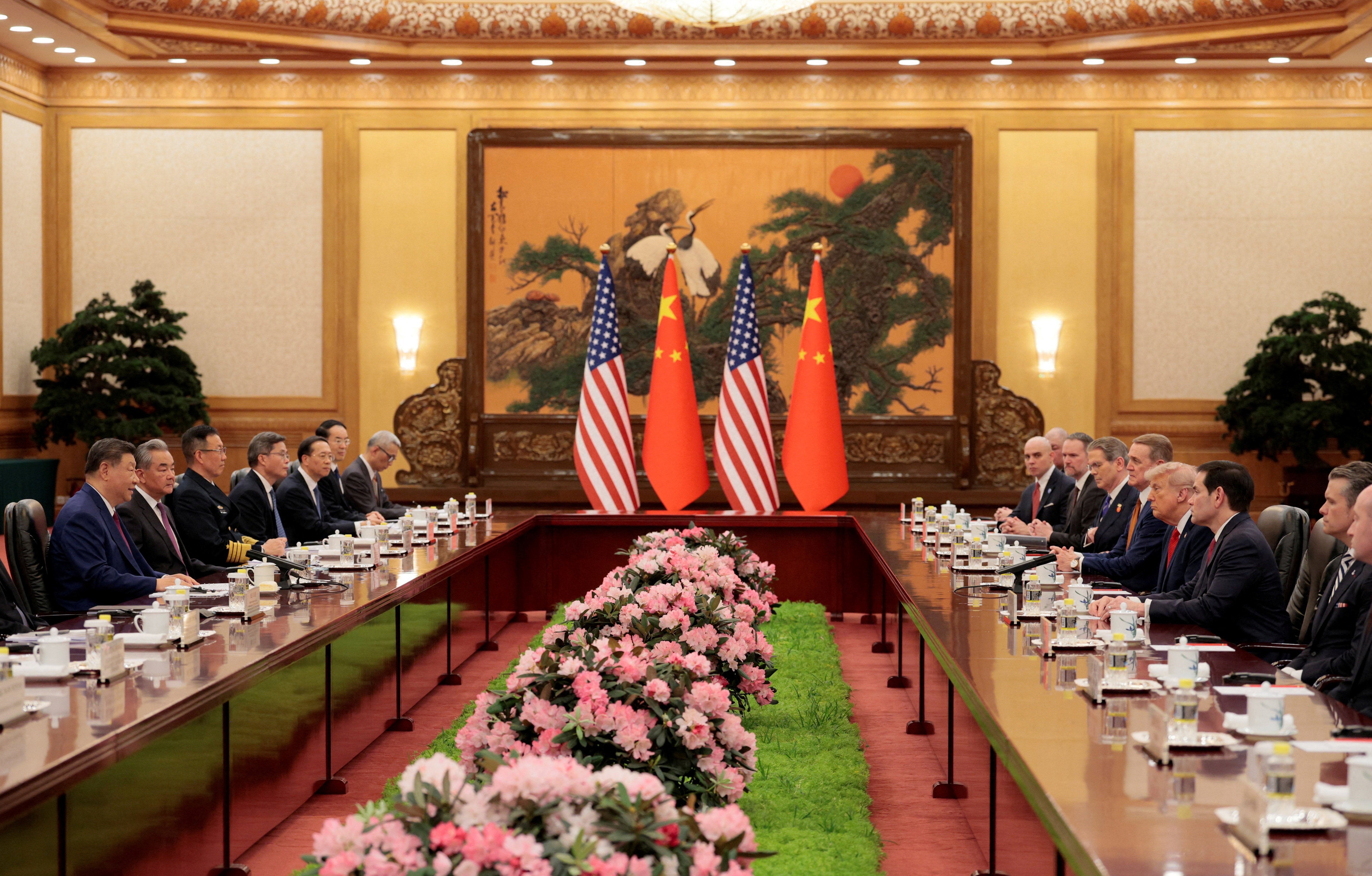 U.S. President Donald Trump participates in an expanded bilateral meeting with Chinese President Xi Jinping at the Great Hall of the People in Beijing