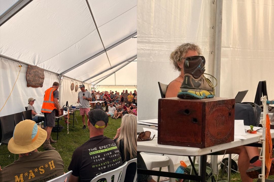 ‘Honest Glen’ leading the athlete briefing (left) and the suffering trophy (right)