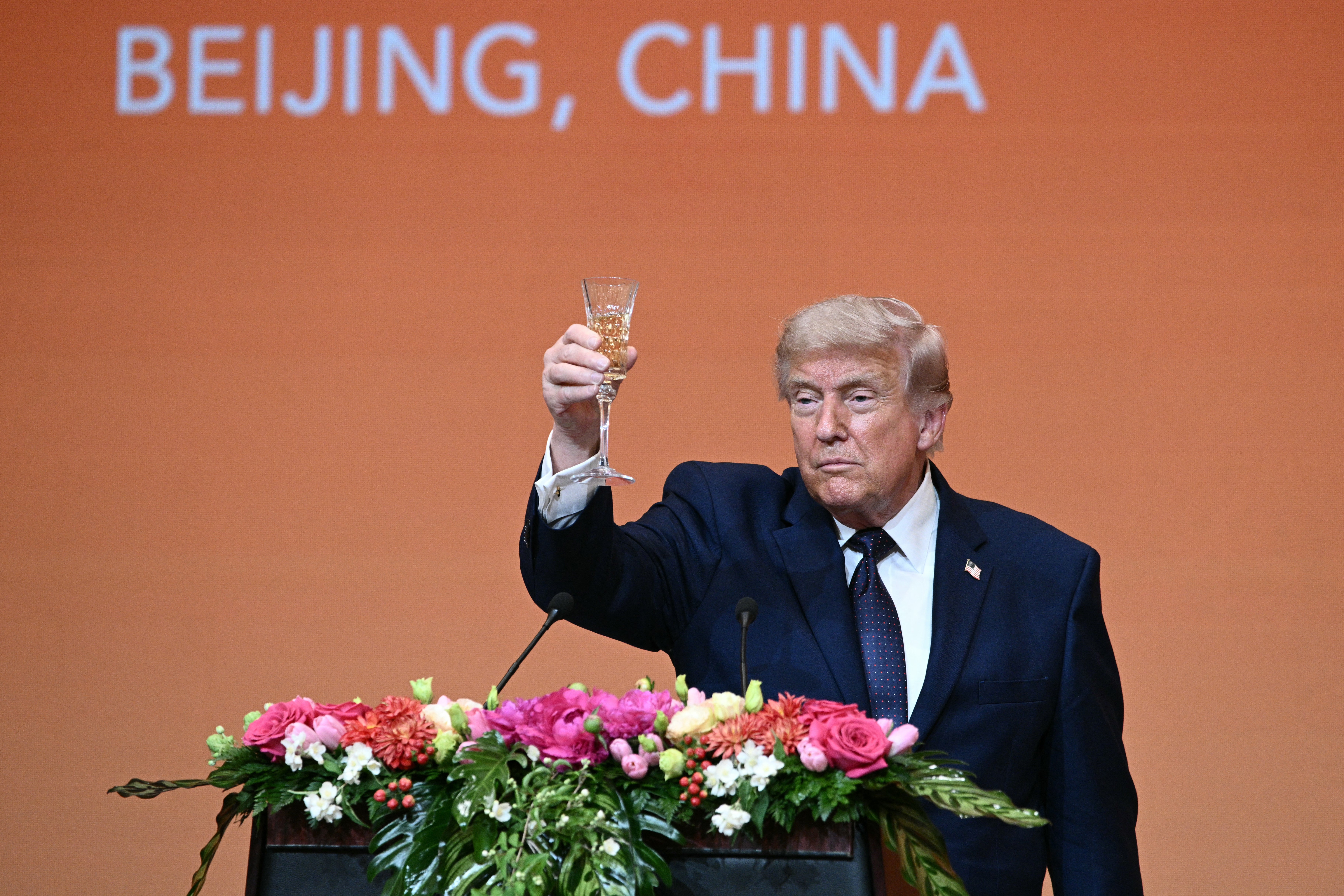 President Donald Trump thanked the Chinese president for a ‘magnificent welcome’ at the state banquet which featured a rendition of the president’s go-to campaign song: ‘YMCA’